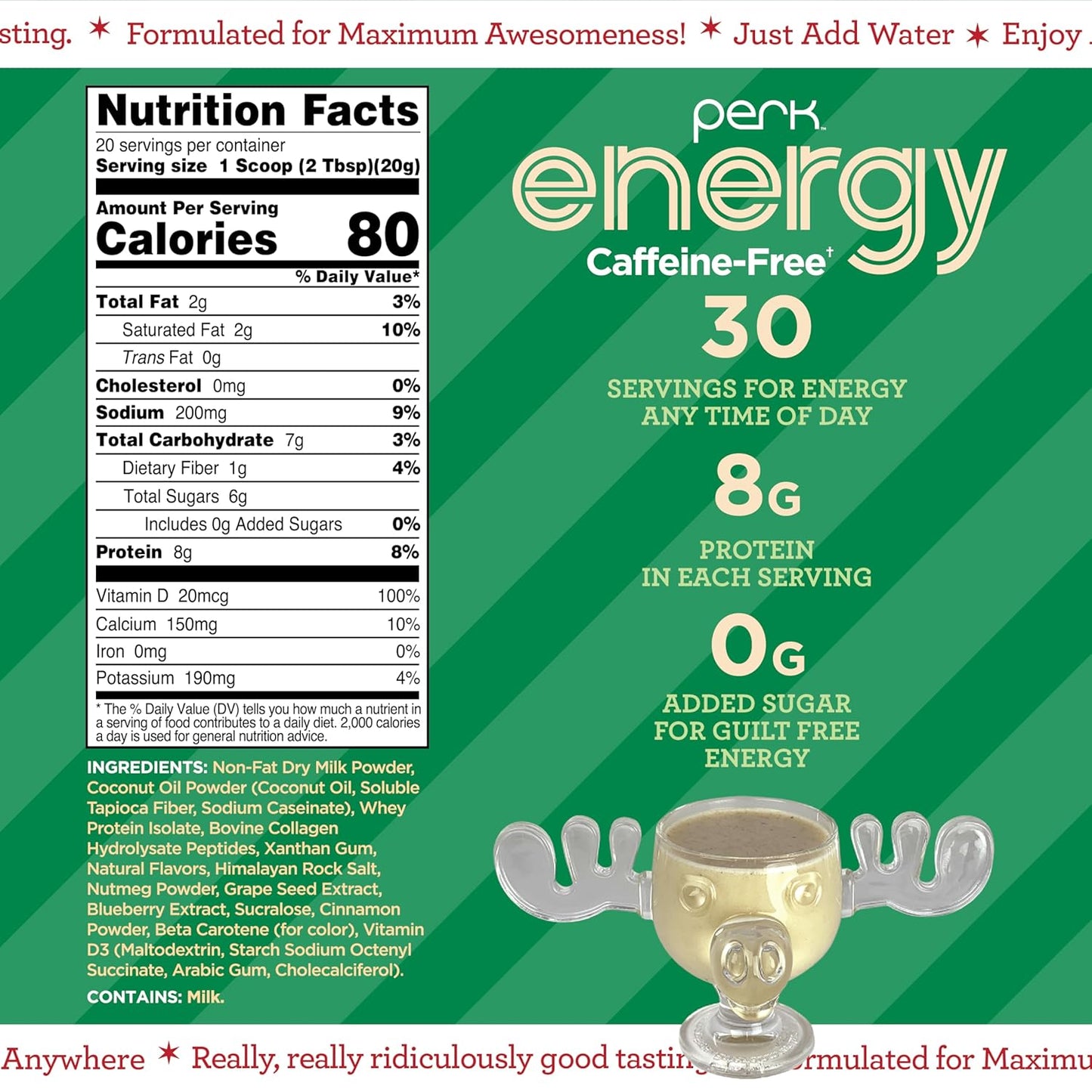 Perk Energy Original Caffeine-Free Eggnog (20 Servings) - Gluten Free, Soy Free, Peanut Free