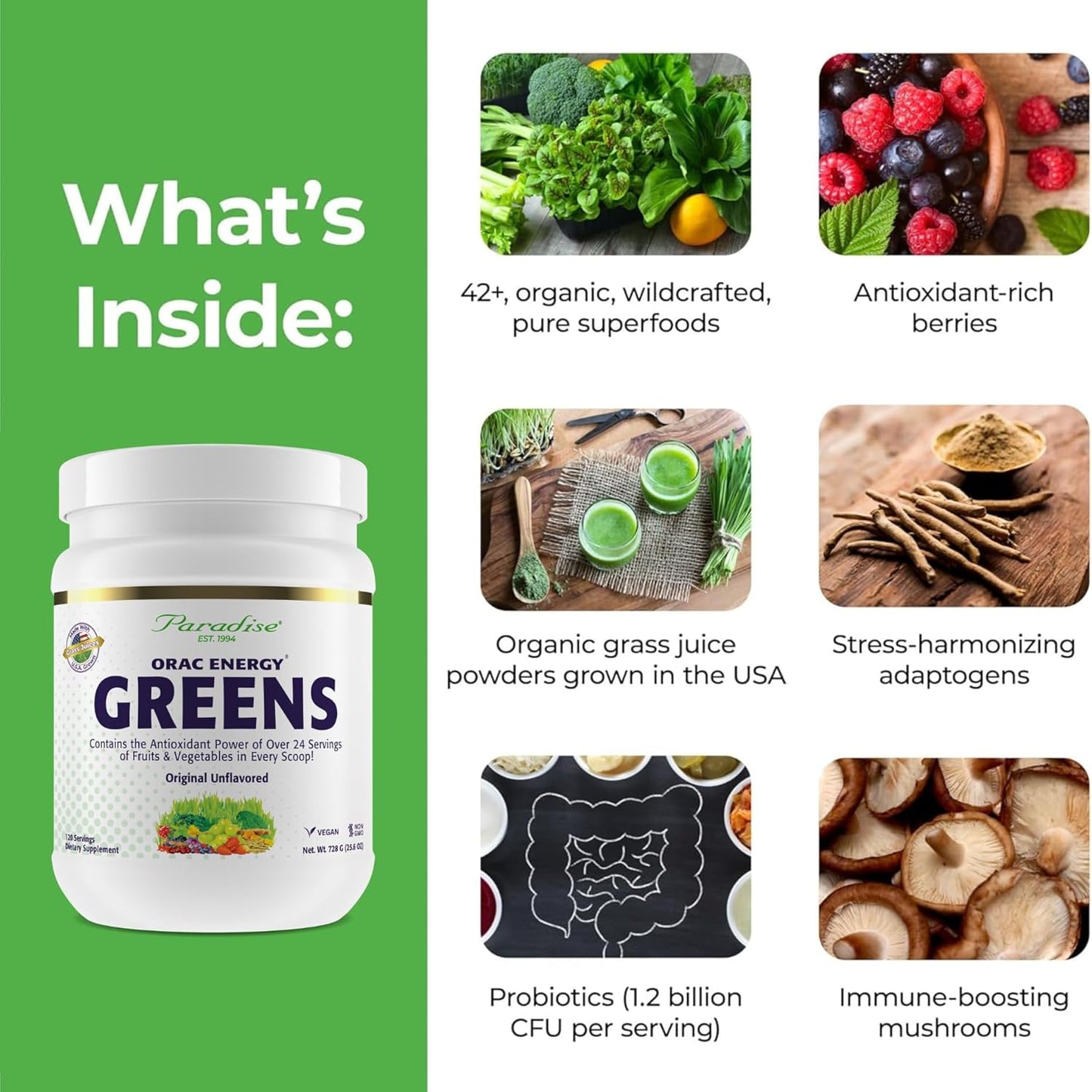 Paradise Herbs, ORAC Energy Greens Powder, Antioxidant Power of 24 Servings of Fruits & Vegetables in 1 Scoop, 120 Servings
