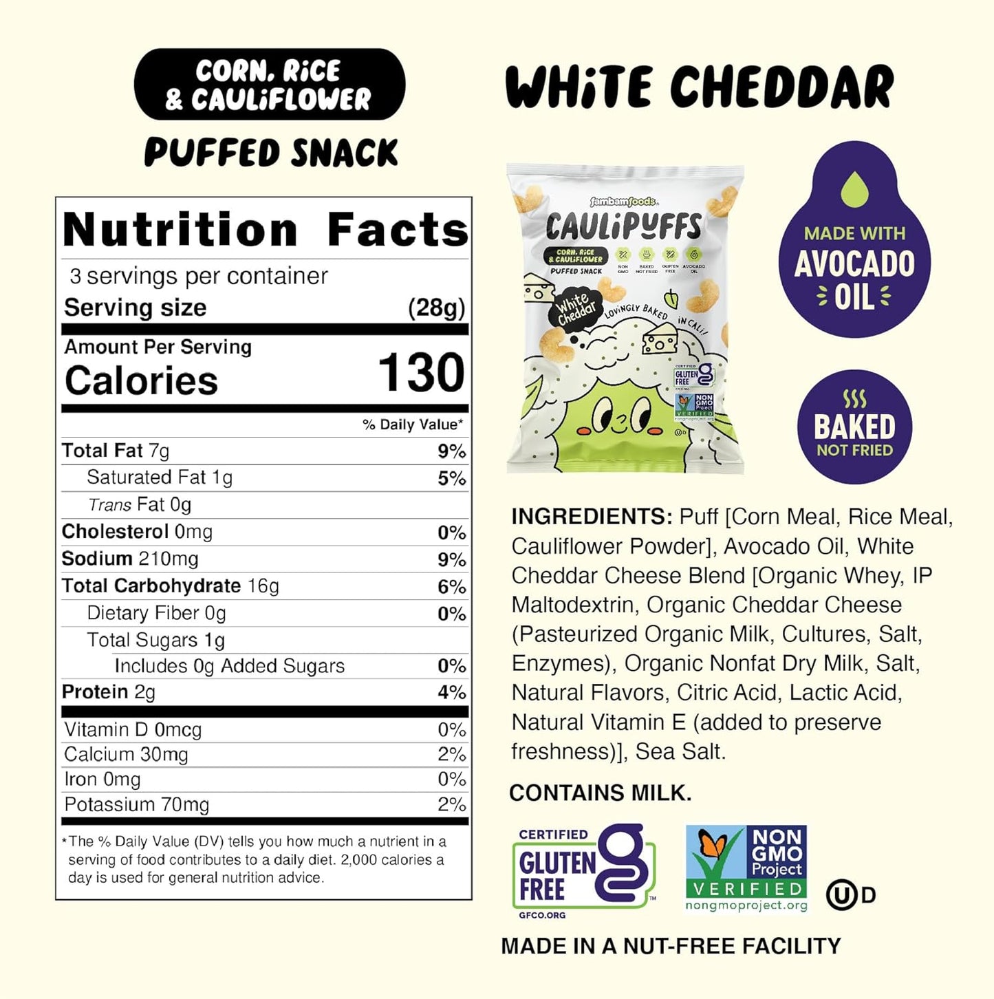 CauliPuffs - Corn, Rice, and Cauliflower Gluten Free Puffed Snack (5 x 3.0oz Bags, White Cheddar)