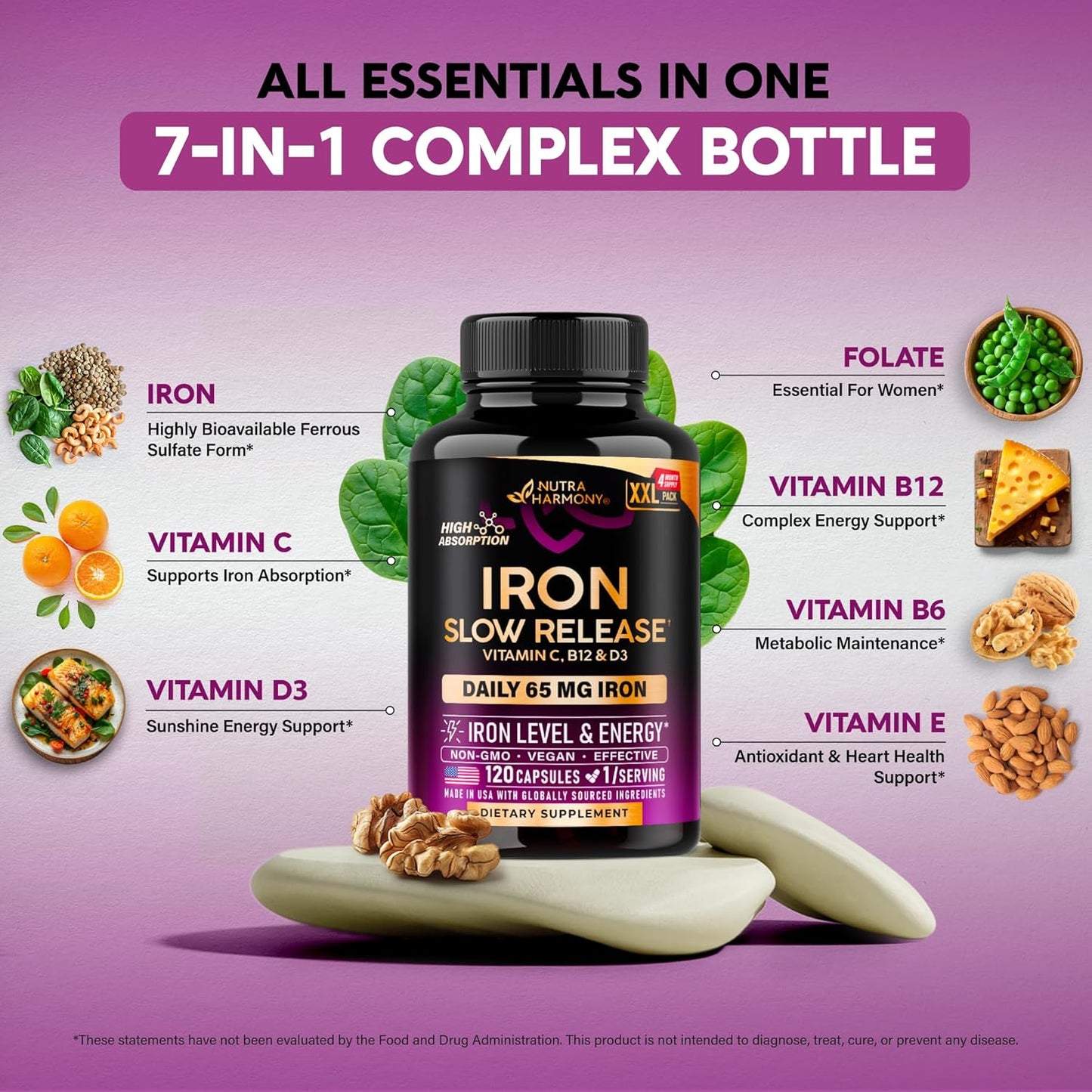 Iron Supplement for Women - Iron 65mg (Ferrous Sulfate 325mg) - Stomach Friendly | Slow Release Iron | High Absorption - Vitamins C, D3, B6, B12 & Folate - Iron Level & Energy Support - 120 Capsules