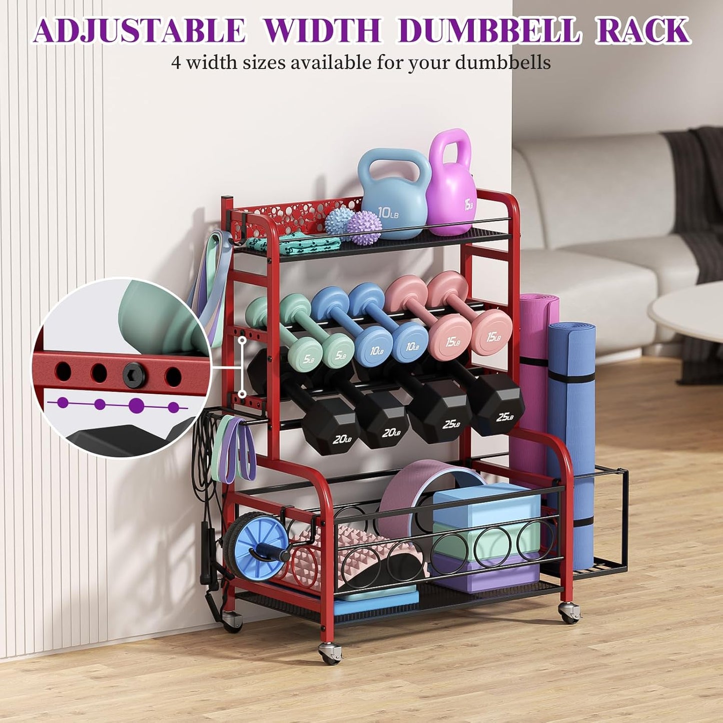 Dumbbell Rack, VOPEAK Weight Rack for Home Gym, Home Gym Storage Rack for Yoga Mat Kettlebells and Strength Training Equipment, Weight Storage Rack for Dumbbells with Wheels