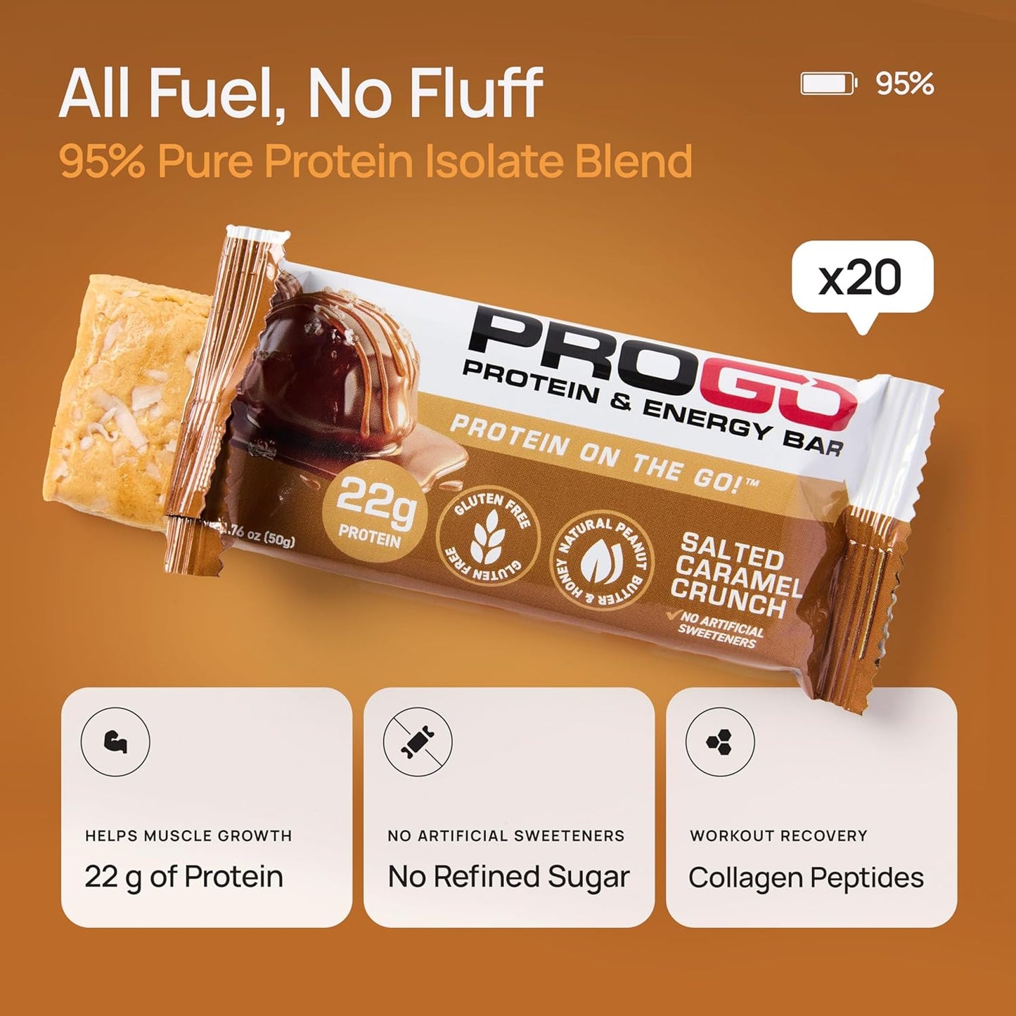 ProGo Protein Bars, Low Sugar, High Protein Snacks (22g) - 95% Pure Isolate for Faster Muscle Growth & Recovery, Low Calorie, Sweetened w/Peanut Butter & Honey (20-Count, Salted Caramel Crunch)