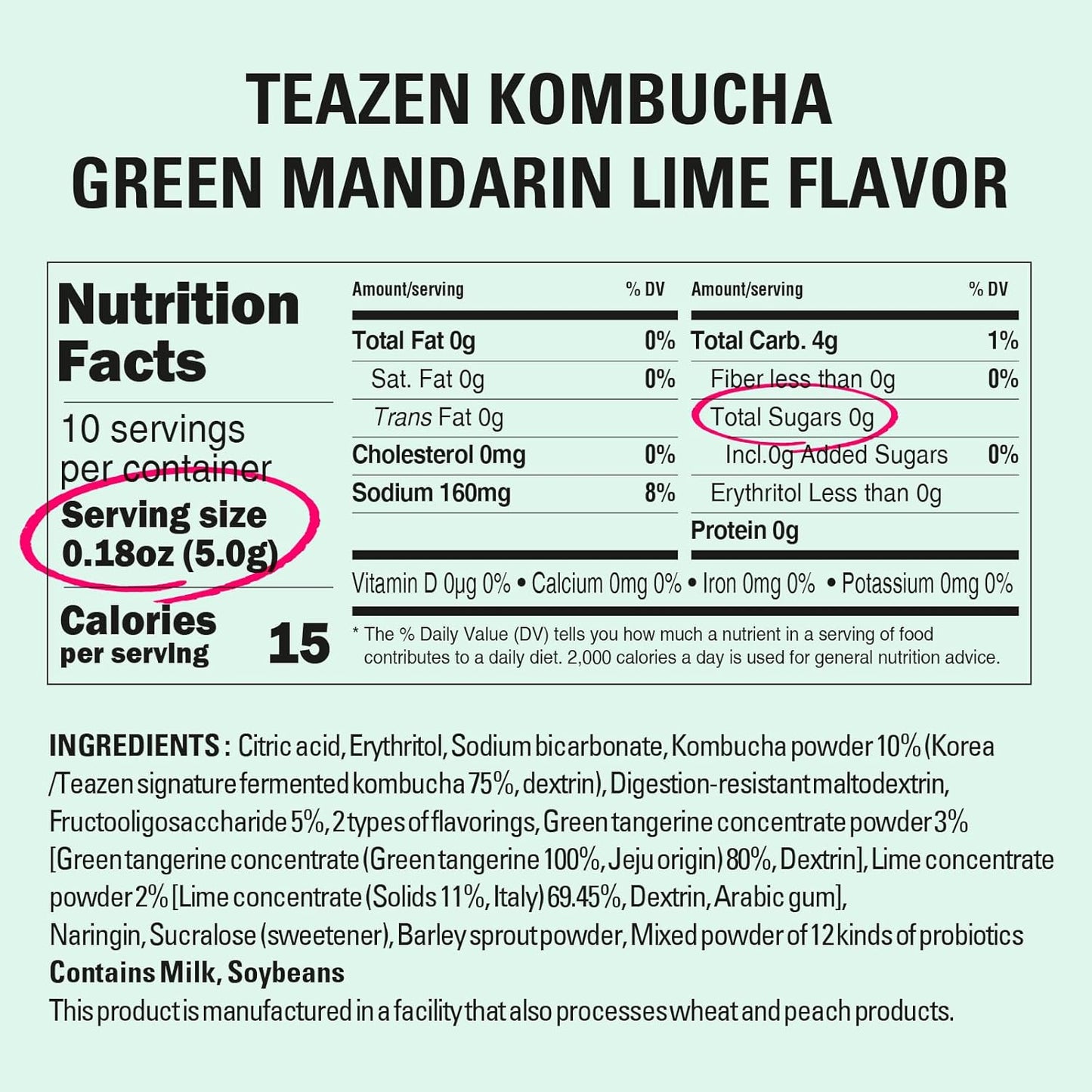 TEAZEN Green Mandarin Lime Kombucha Tea, Hydration Drink Mix, Sugar Free, Live Probiotics & Prebiotics, 10 Sticks, 1.76oz