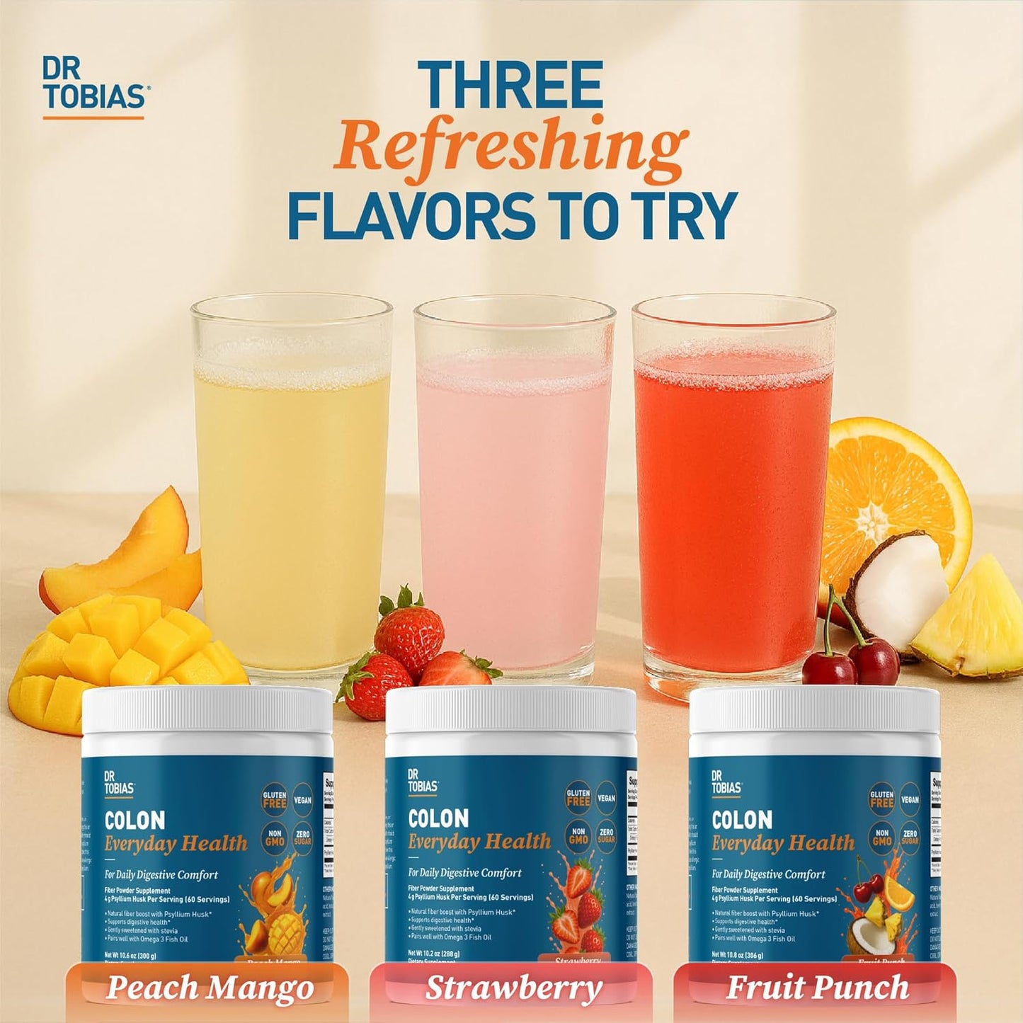 Dr. Tobias Colon Everyday Health - Gut Health for Women & Men - Psyllium Fiber Powder Drink with 4g Psyllium Husk Powder per Serving, Vegan, Gluten Free, Non-GMO, Peach Mango, 60 Servings