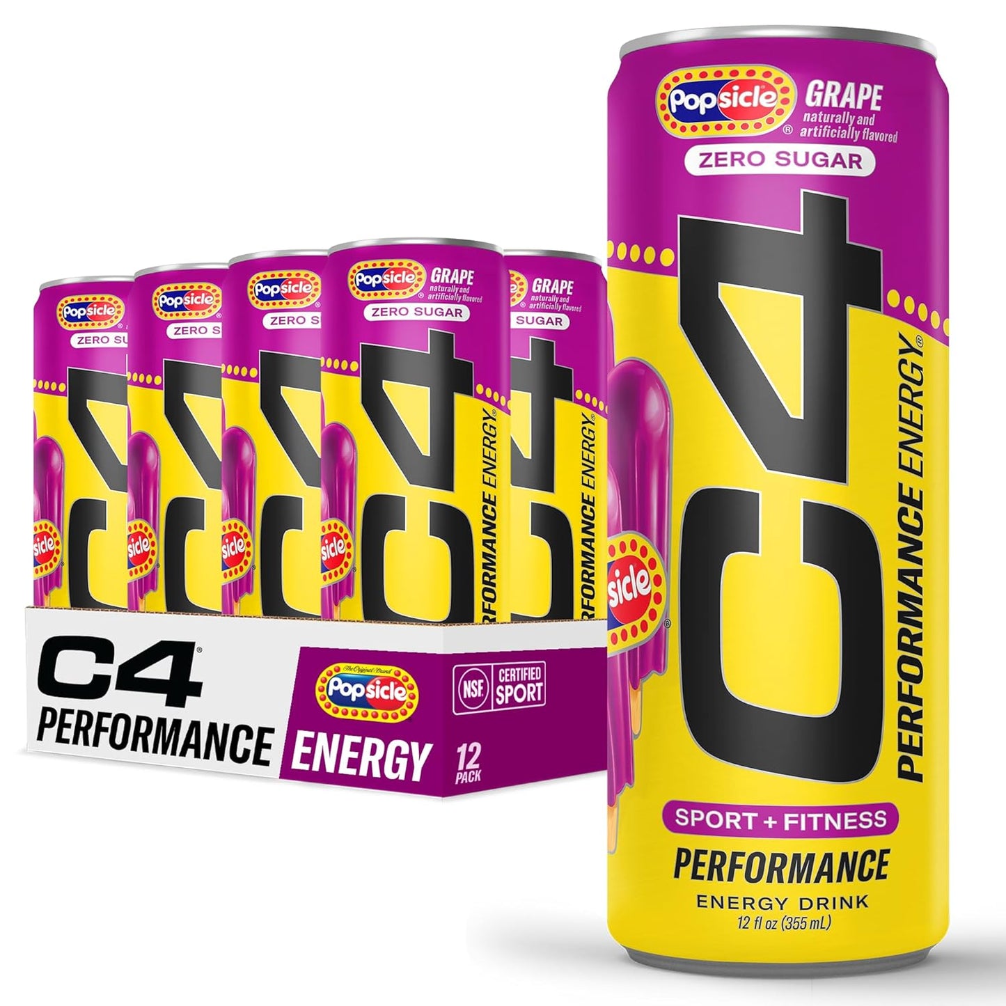 Cellucor C4 Energy Drink x Grape Popsicle, Carbonated Sugar Free Pre Workout Performance Drink with no Artificial Colors or Dyes, 12 Oz, Pack of 12