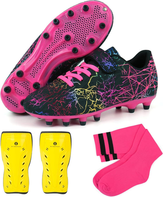 brooman Kids Firm Ground Soccer Cleats Girls Football Cleats with Shin Guards and Soccer Socks