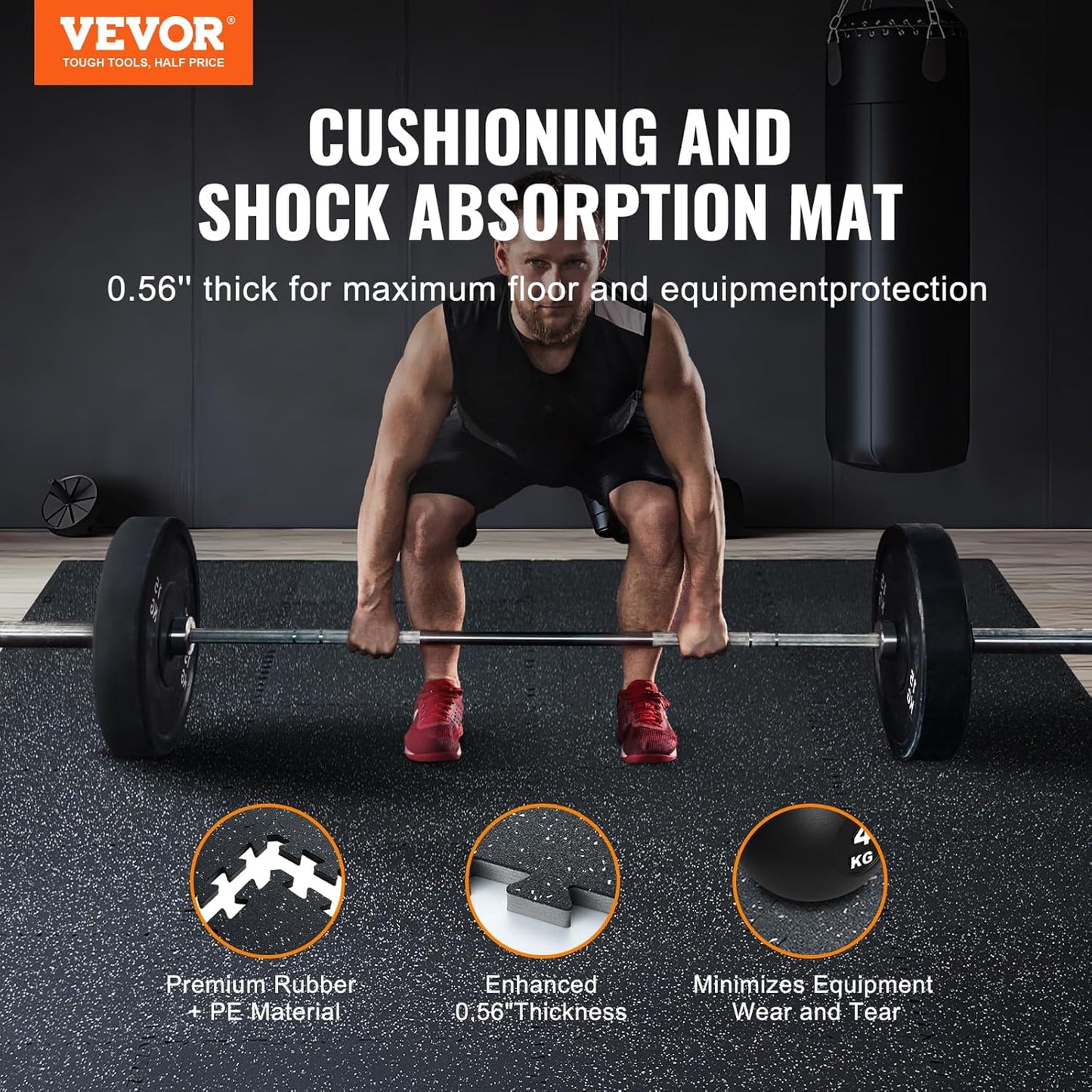 VEVOR 0.56 Inch Thick Gym Floor Mats, 25 Tiles Rubber Top with EVA Foam, 25" x 25" Gym Flooring Workout Mat with 100sq.ft Coverage, Interlocking Puzzle Mats for Home, Garage, Black & White