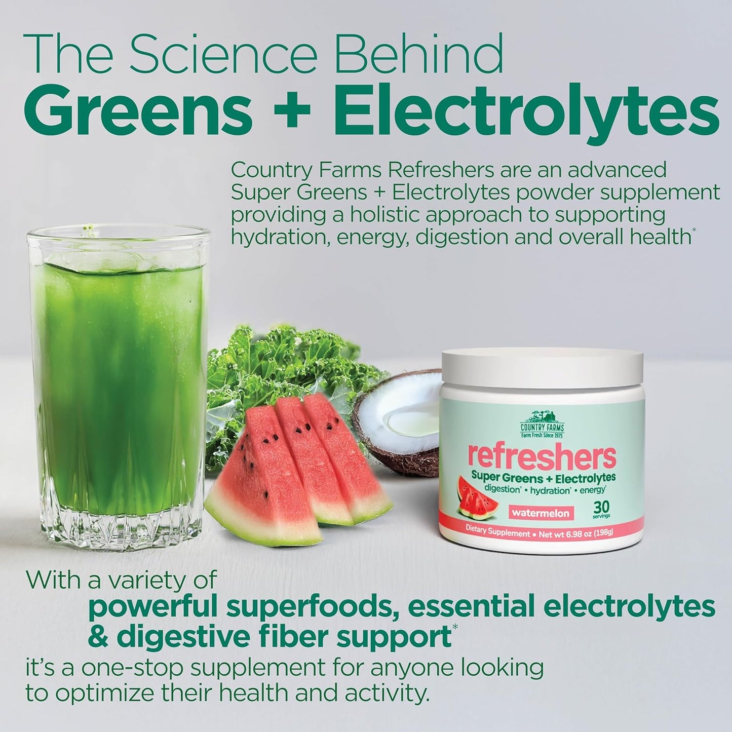 COUNTRY FARMS Refreshers, Super Greens and Electrolytes, Essential Minerals and Superfoods, Hydration Support, Promotes Natural Energy, with Fiber, Watermelon, 30 Servings