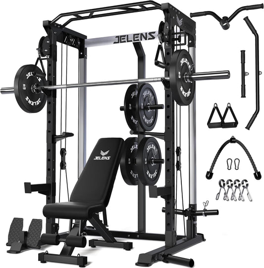 Power Cage, 2000LBS Multi-Function C21 Power Rack with Dual Pulley Cable Crossover System, All-in-One Squat Rack with More Training Attachments