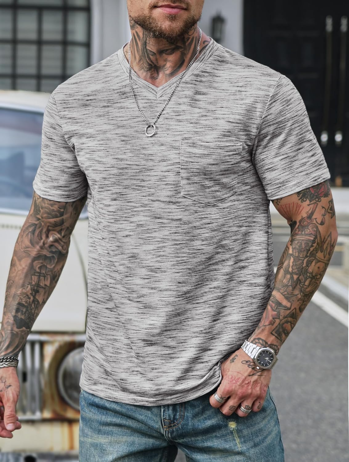Men's V Neck T Shirts Casual Stylish Fitted Stretch Tee Shirt with Pocket (S-3XL)