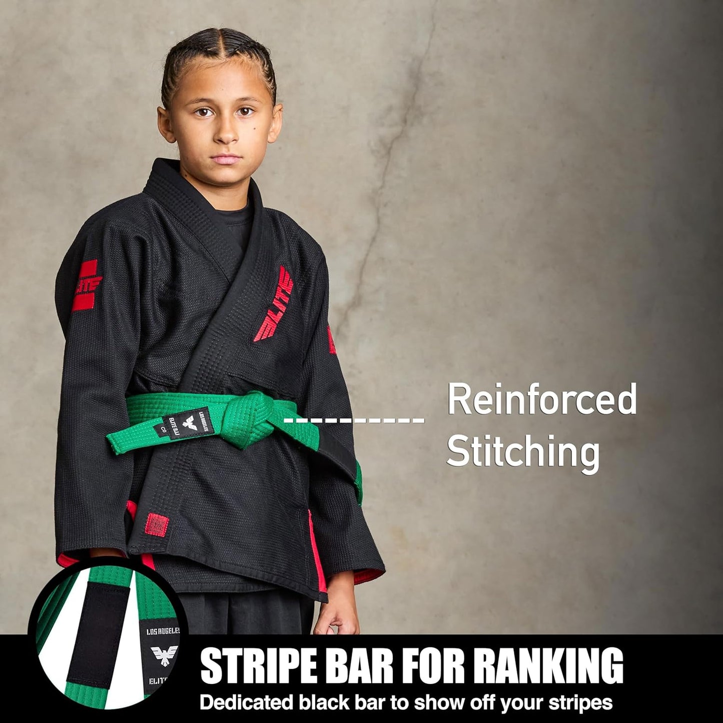 Elite Sports Kids Brazilian Jiu Jitsu Belts Preshurunk Martial Arts Youth BJJ Belts for Girls & Boys with BJJ Ranking Stripes