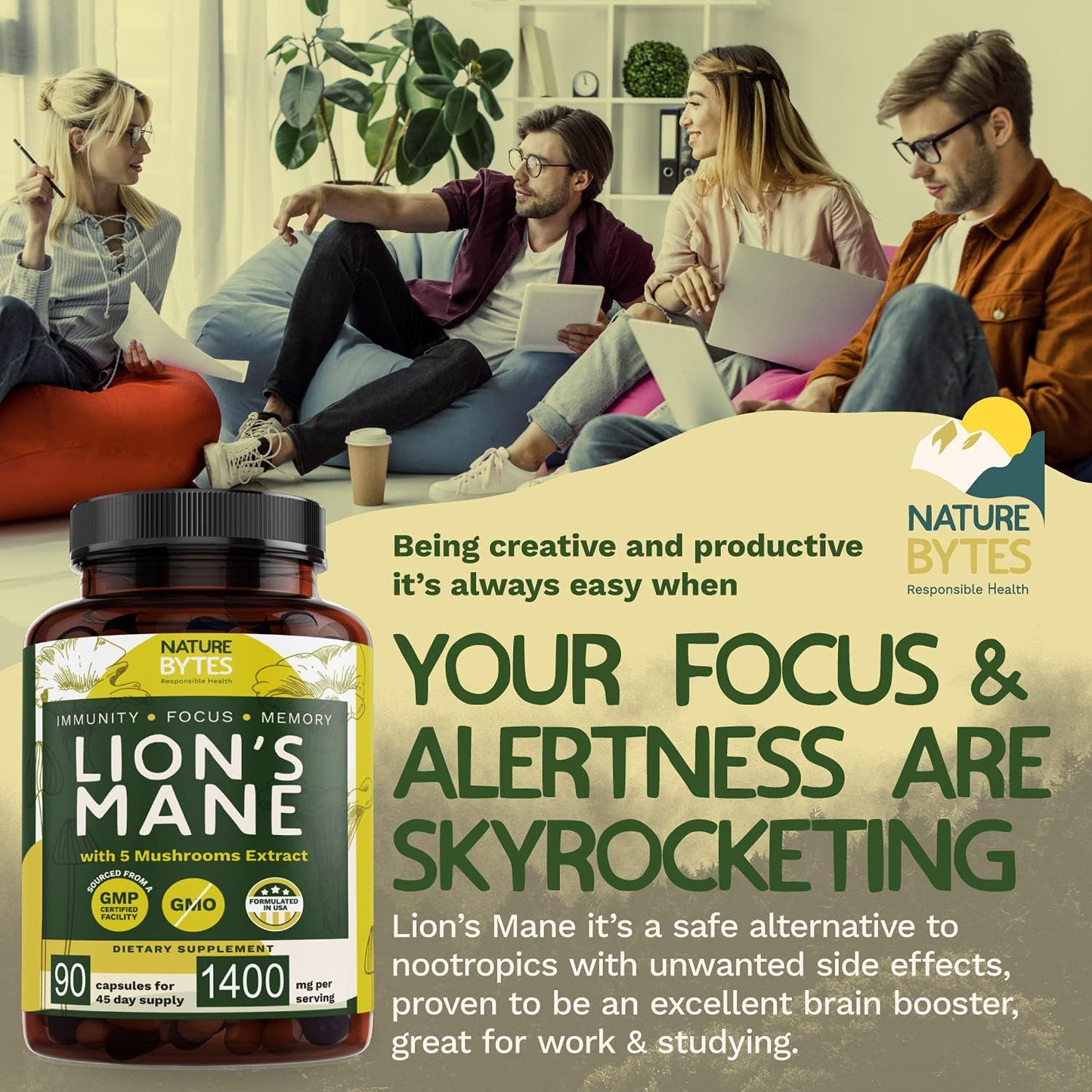 Lions Mane Mushroom Complex [100% Pure Extracts] Lion’s Mane, Reishi, Chaga, Maitake & Shiitake Powder for Nootropic Brain Support, Immune Health, Memory, Mood Boost and Focus