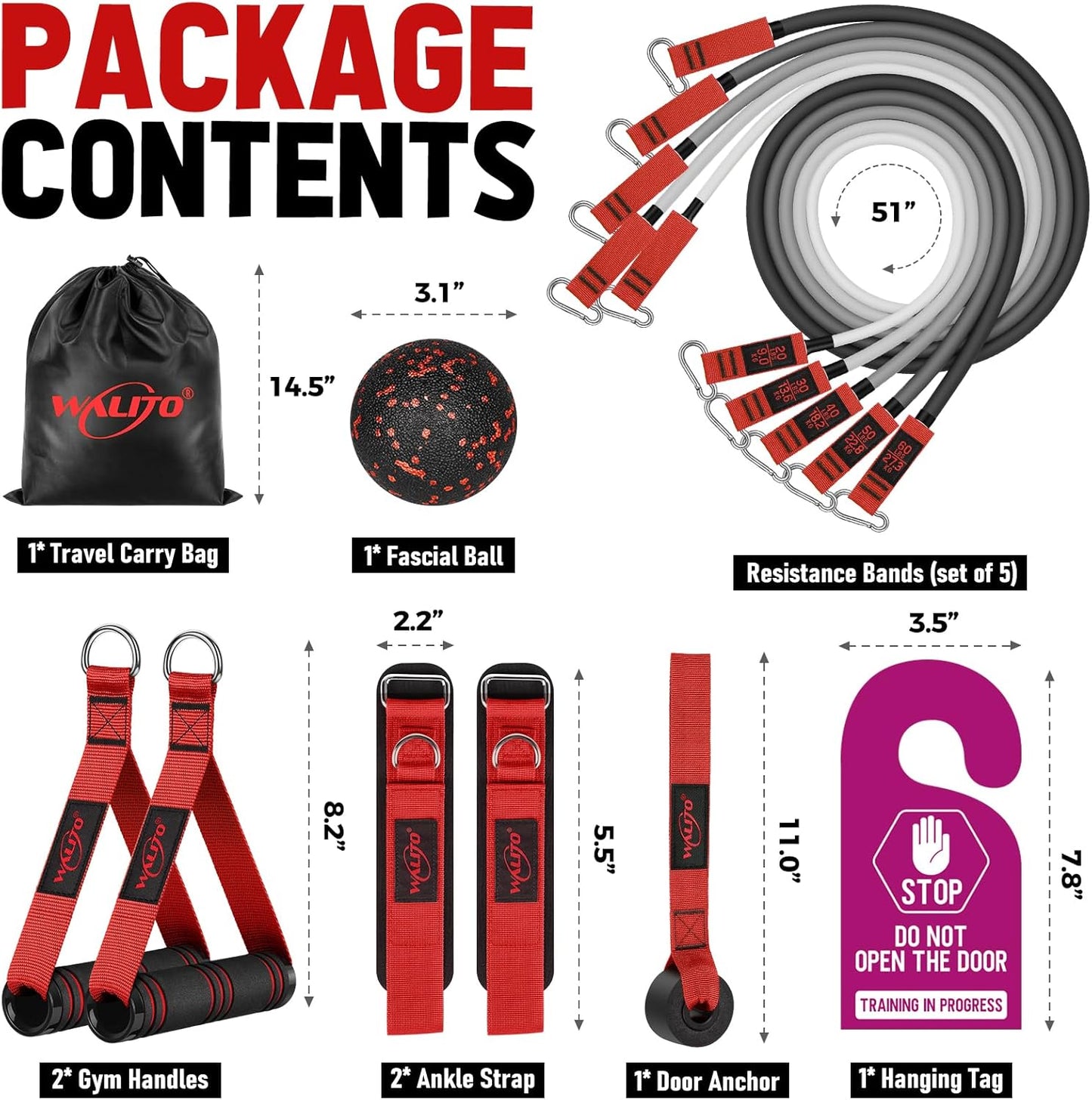 WALITO Resistance Bands Set - Exercise Bands with Handles, Door Anchor, Legs Ankle Straps, for Heavy Resistance Training, Physical Therapy, Muscle Training, Yoga, Home Workouts