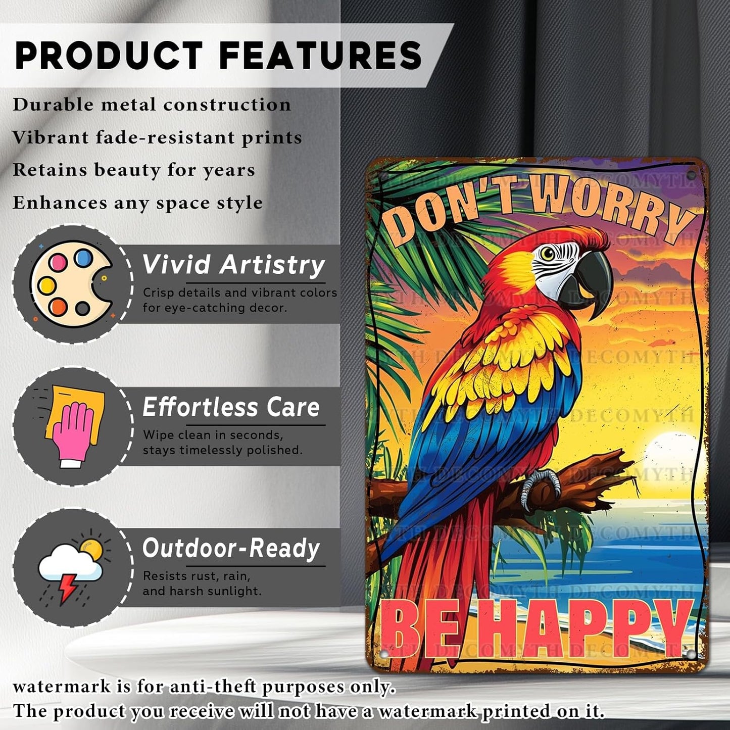 Vintage Tin Sign Don't Worry Be Happy Tin Sign The Beach Parrot for Home Farm Outdoor Bathroom Restaurant Cafes Bars Club Kitchen Garage Cute Vintage Art Wall Decor 12 * 8inch
