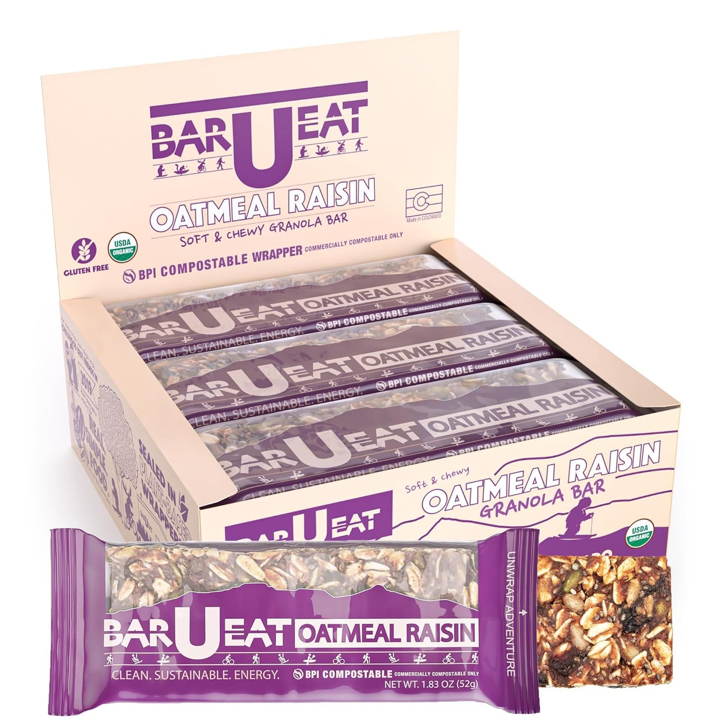 BAR-U-EAT Gluten-Free, Organic, Soft & Chewy Energy Bar. Whole Food Ingredients | Compostable Packaging | No Artificial Sugar | Healthy Snacks (Oatmeal Raisin 12 Pack)