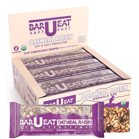 BAR-U-EAT Gluten-Free, Organic, Soft & Chewy Energy Bar. Whole Food Ingredients | Compostable Packaging | No Artificial Sugar | Healthy Snacks (Oatmeal Raisin 12 Pack)