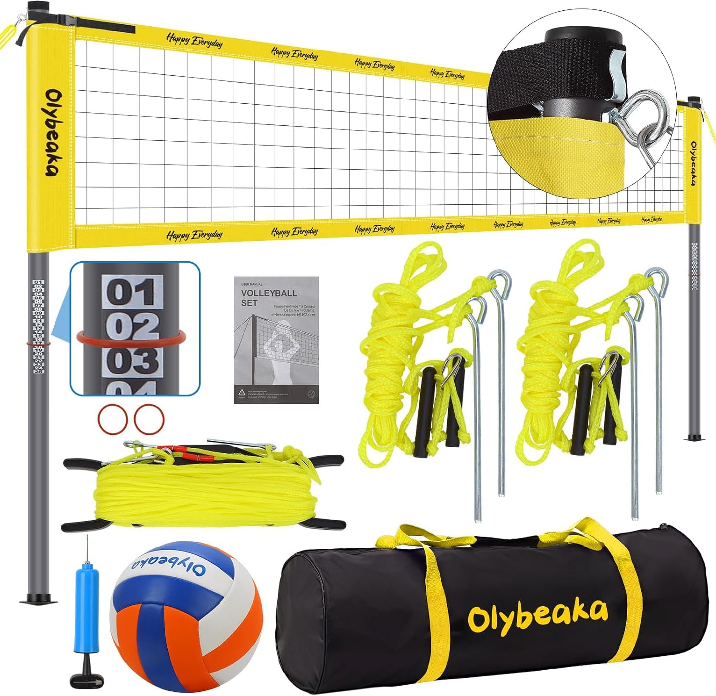 Portable Outdoor Volleyball Net Set System for Backyard Beach with Heavy Duty Poles, Durable Net, PU Volleyball & Pump, Carry Bag