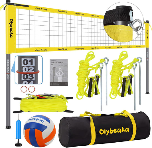 Portable Outdoor Volleyball Net Set System for Backyard Beach with Heavy Duty Poles, Durable Net, PU Volleyball & Pump, Carry Bag