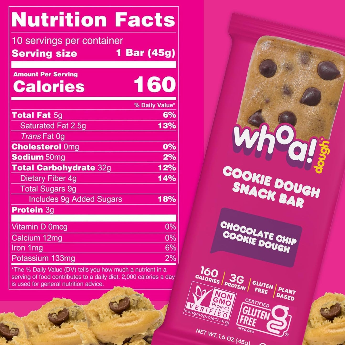 Whoa Dough Edible Cookie Dough Bars- Certified Non-GMO, Kosher and Gluten Free Bars - Healthy Snack Foods - Plant Based Snacks Made With Real Ingredients - Chocolate Chip Cookie Dough - 10 Pack