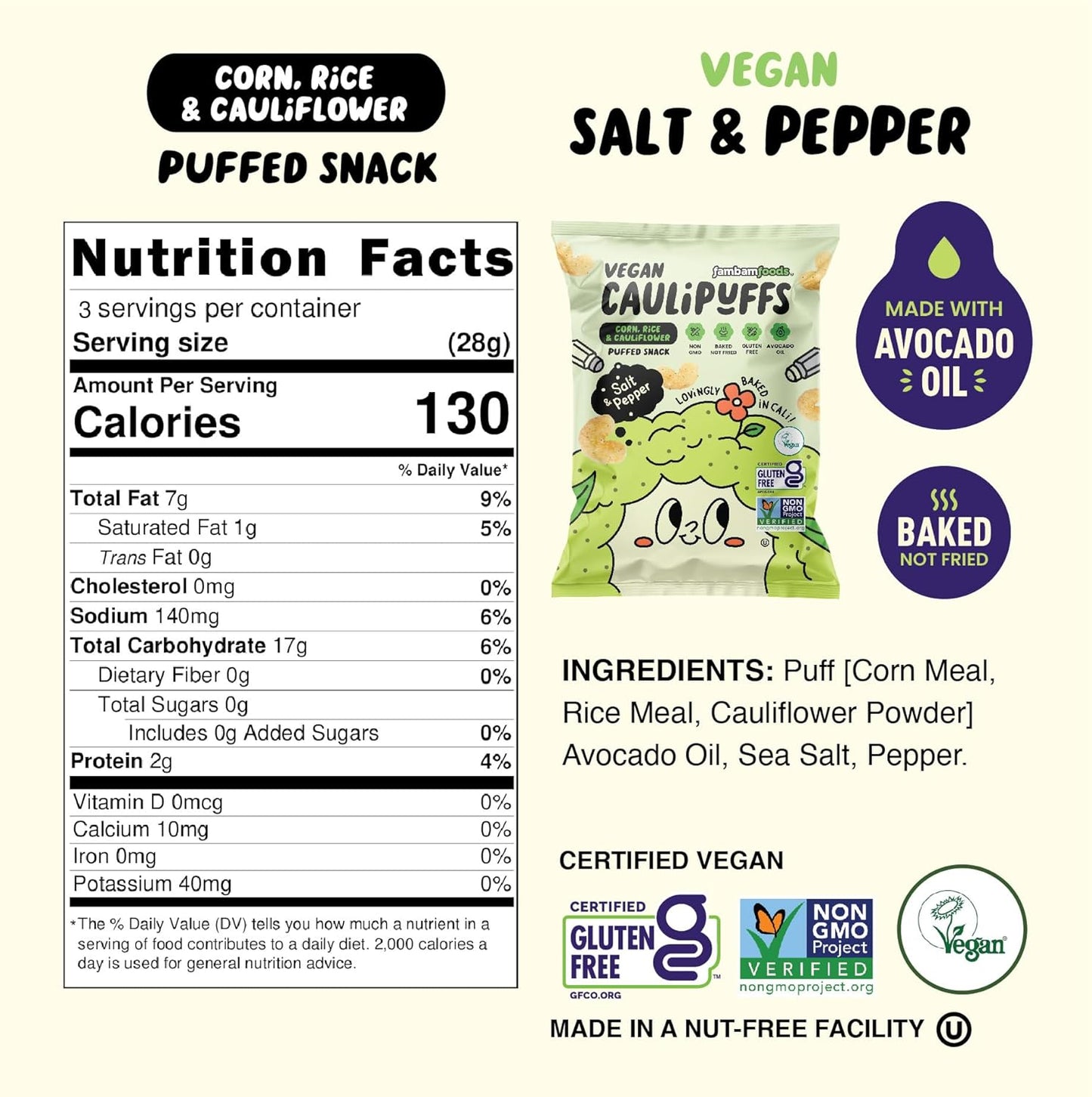 CauliPuffs - Corn, Rice, and Cauliflower Gluten Free Puffed Snack (5 x 3.0oz Bags, Vegan Salt & Pepper)