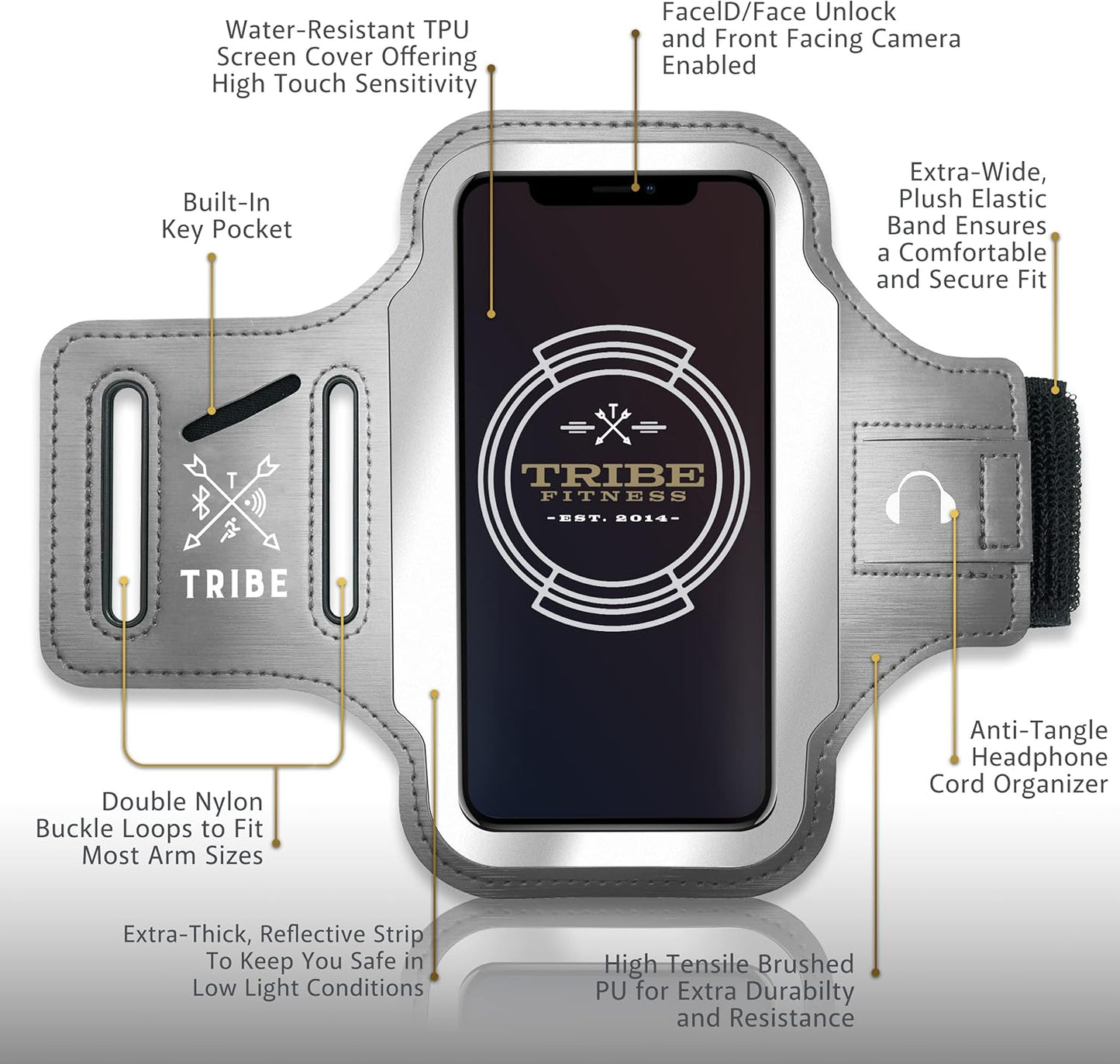TRIBE Running Phone Holder Armband. iPhone & Galaxy Cell Phone Sports Arm Bands for Women, Men, Runners, Jogging, Walking, Exercise & Gym Workout. Fits All Smartphones. Adjustable Strap, CC/Key Pocket