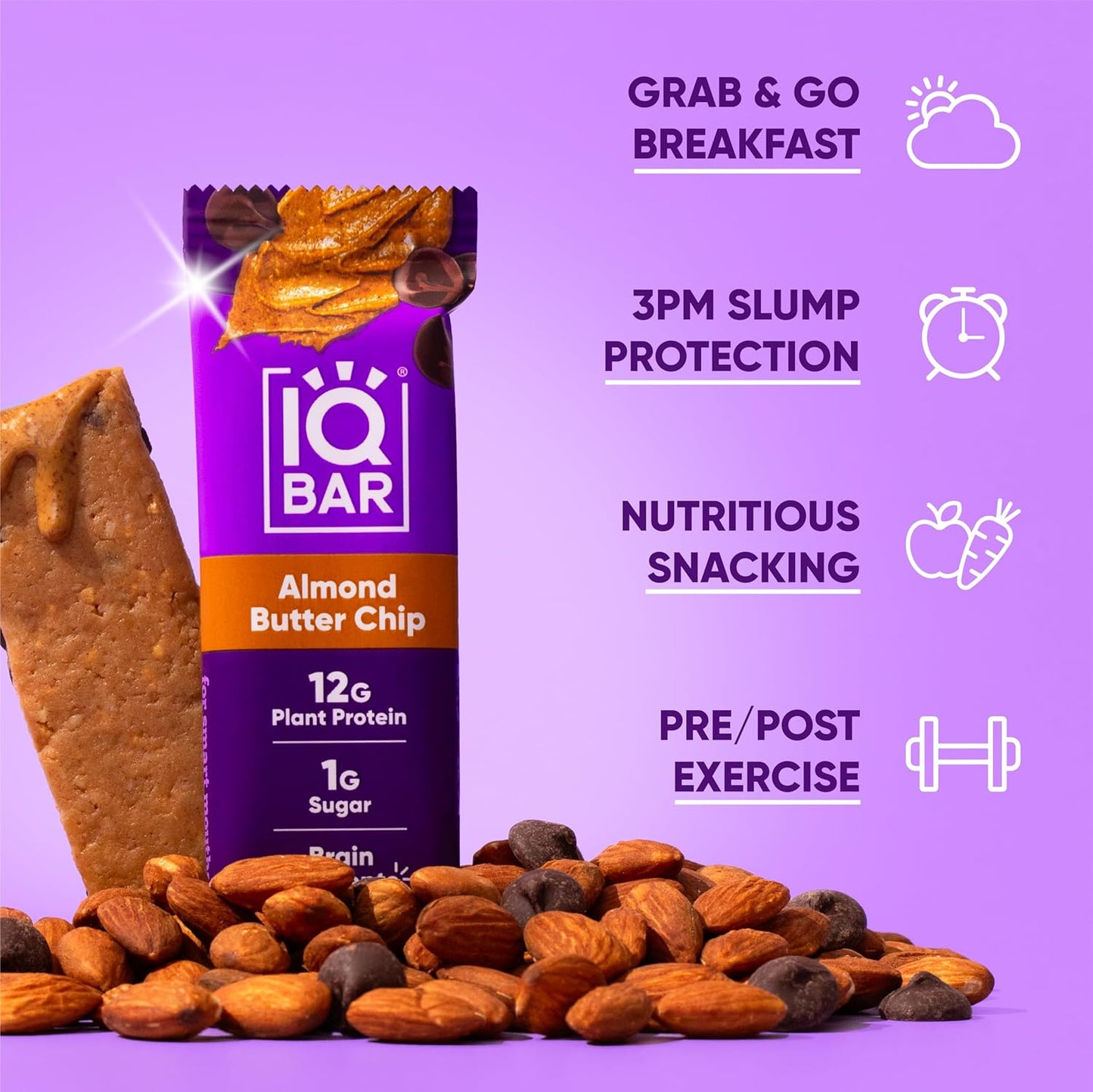 IQBAR Brain and Body Plant Protein Bars - Almond Butter Chip - 12-Count Low Carb - Gluten Free, High Fiber, Vegan Snacks - Low Sugar Meal Replacement