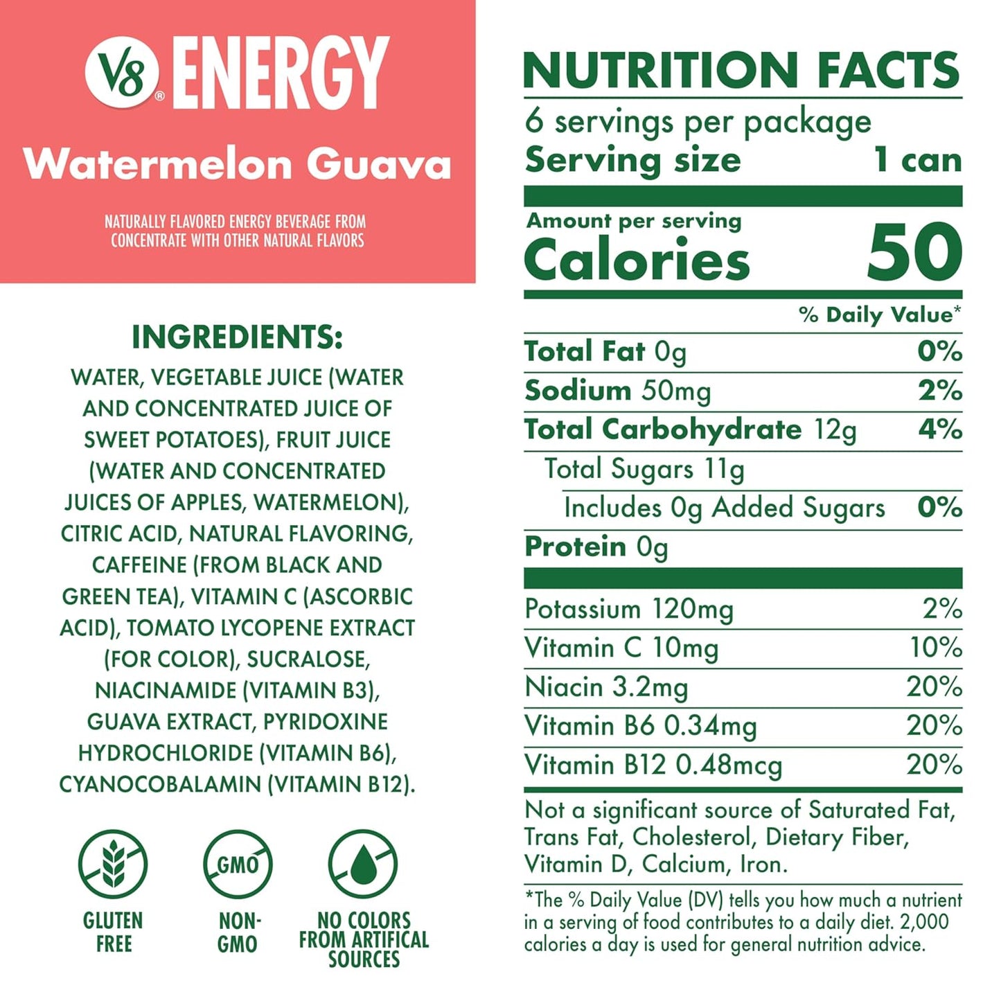 V8 Energy Watermelon Guava Energy Drink, 8 fl oz Can (6 Pack)