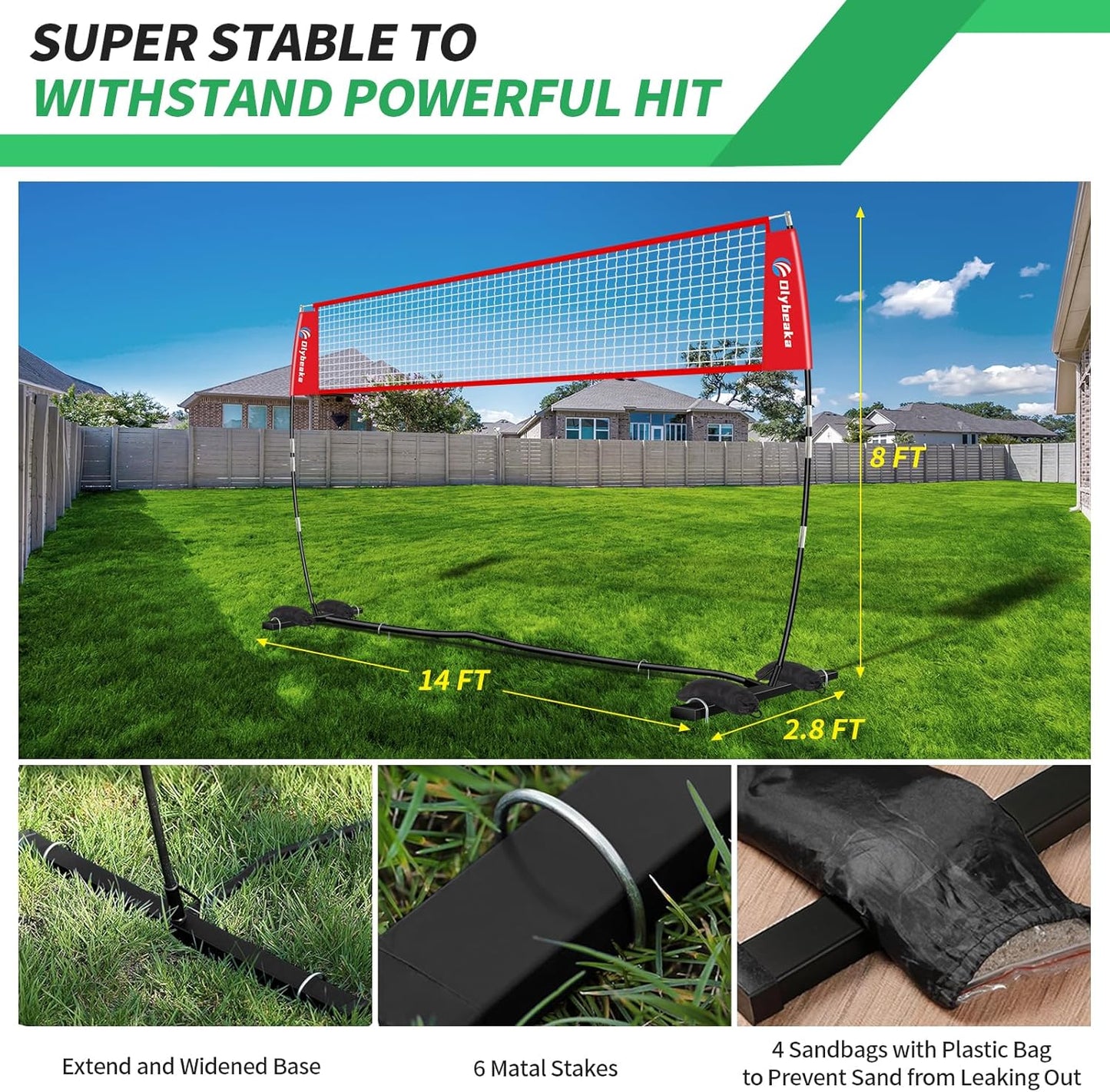 12ft/14ft Portable Volleyball Training Practice Net Set 5 Heights Adjustable for Indoor Outdoor with Tetoron Net, Freestanding Base, PU Volleyball, Carry Bag, Sandbags - Instant Set Up