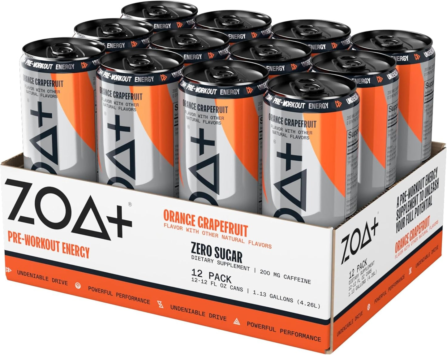 ZOA+ Pre-Workout Energy Drink Supplement - NSF Certified for Sport with Zero Sugar, Nitric Oxide Support, B & D Vitamins, Amino Acids, and Electrolytes (Orange Grapefruit)