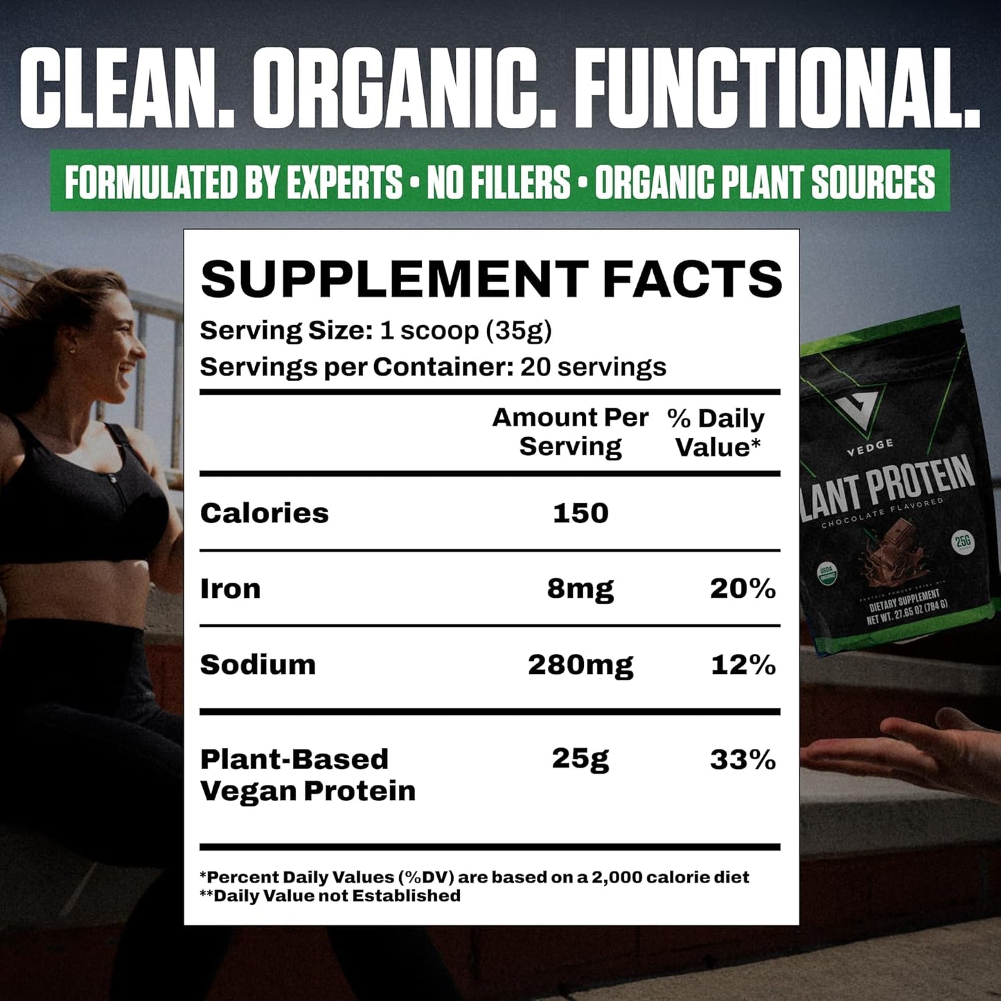 vedge Vegan Protein Powder - Plant Protein Powder with Pea, Pumpkin & Sunflower - USDA Organic, Amino Acids, Dairy Free, Gluten Free, Soy Free, Keto, Non GMO, Smooth Texture - Chocolate - 20 Servings