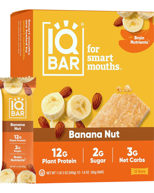 IQBAR Brain and Body Plant Protein Bars - Banana Nut - 12-Count Low Carb - Gluten Free, High Fiber, Vegan Snacks - Low Sugar Meal Replacement