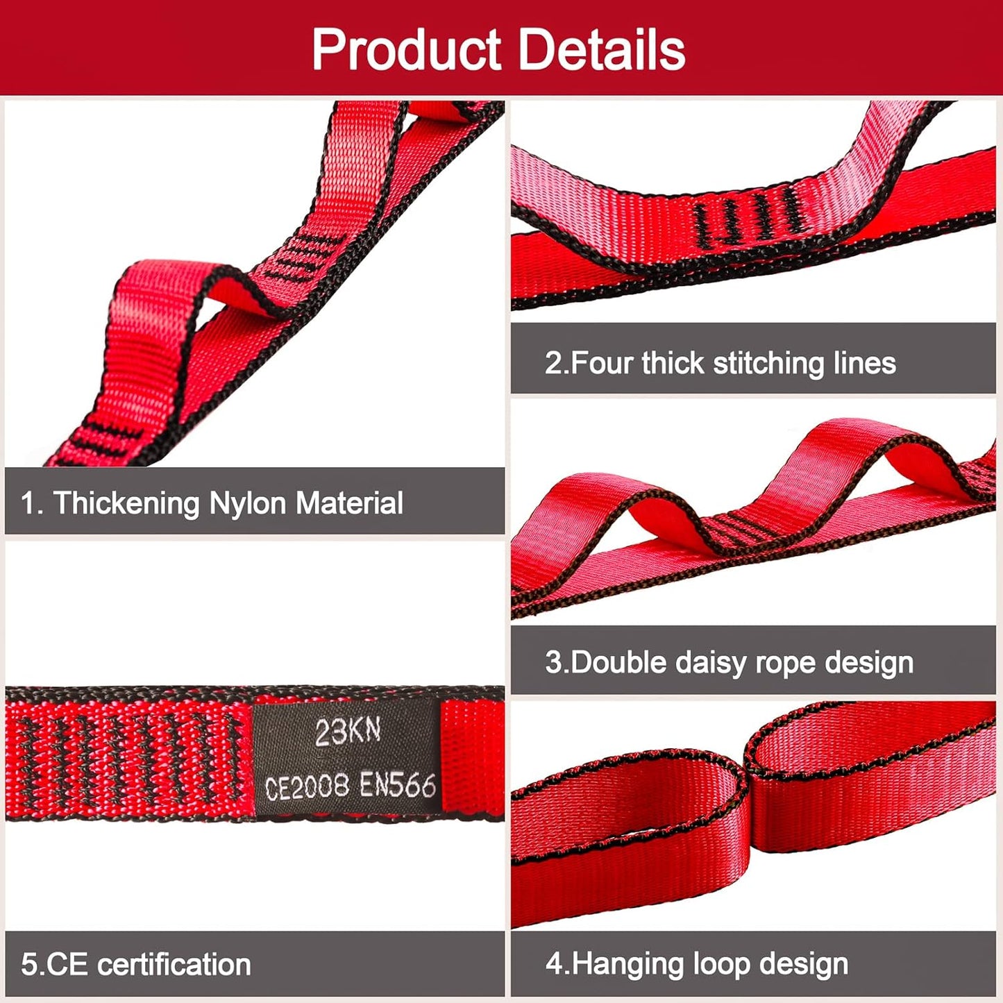 DASKING 23KN (5070 lbs) Heavy Duty Climbing Straps - 2 Pack Adjustable Daisy Chain Webbing for Aerial Yoga, Hammock, Fitness & Rigging - CE/EN566 Certified, Red/Grey