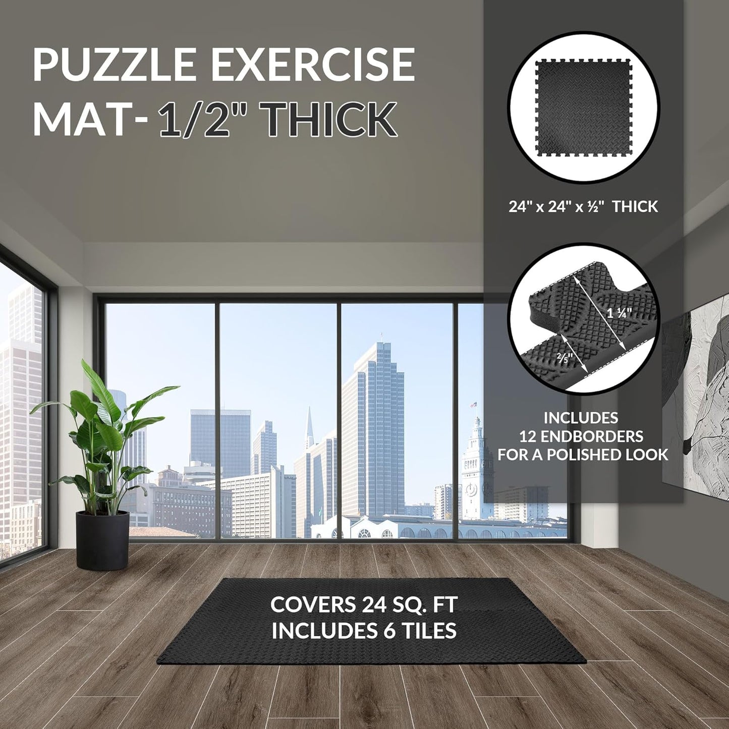 Puzzle Exercise Gym Flooring Mat, 1/2" Thick High-Density EVA Interlocking Tiles Workout Mat for Home Gym, Fitness Equipment, MMA, Gymnastics, 6-Piece Shock-Absorbing Exercise Mat (24 Sq Ft)