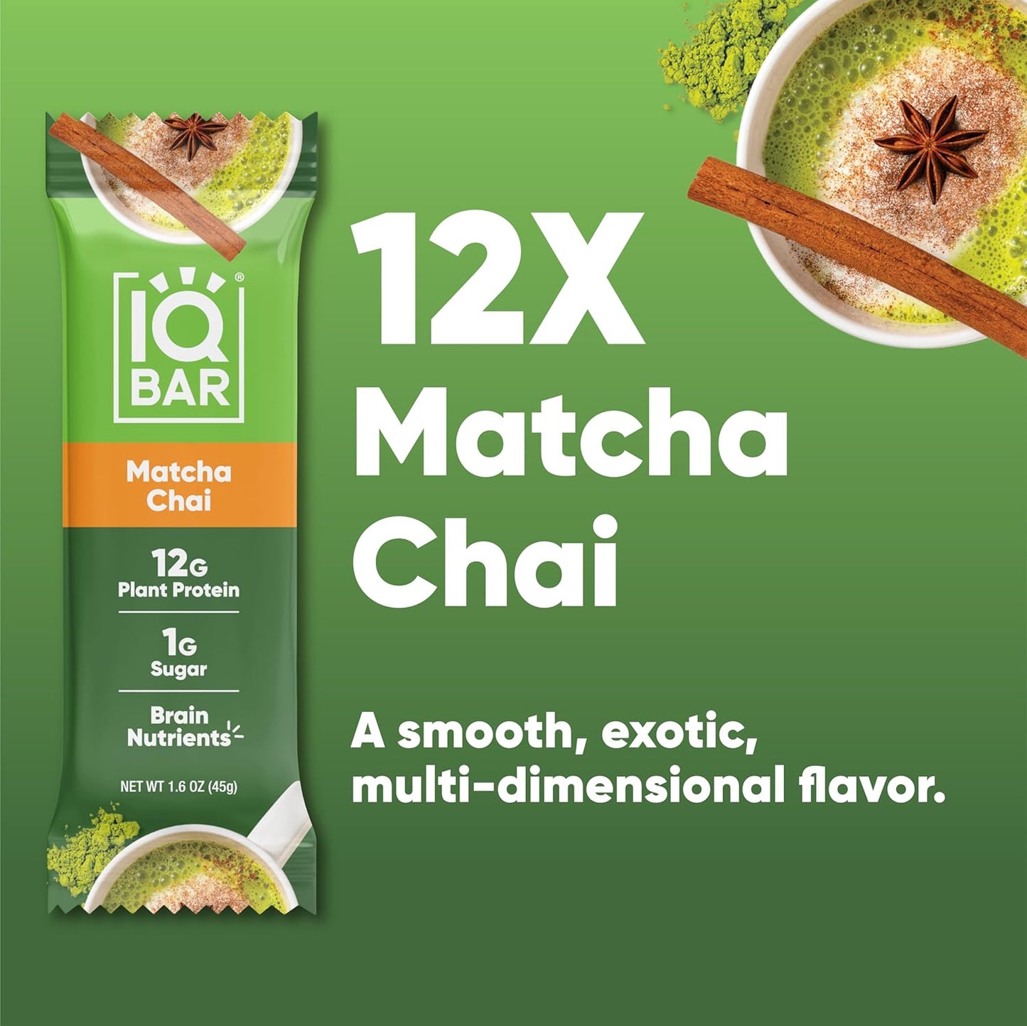 IQBAR Brain and Body Plant Protein Bars - Matcha Chai - 12-Count Low Carb - Gluten Free, High Fiber, Vegan Snacks - Low Sugar Meal Replacement