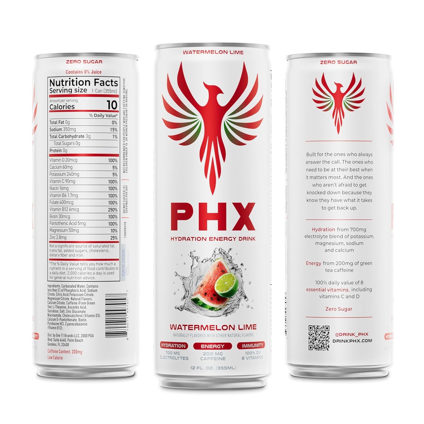 PHX Hydration Energy Drink - 700mg Electrolytes, 200mg Natural Green Tea Caffeine, 100% Daily Value 8 Essential Vitamins - 12 oz Cans (12 Pack) (12 Pack, Watermelon Lime)