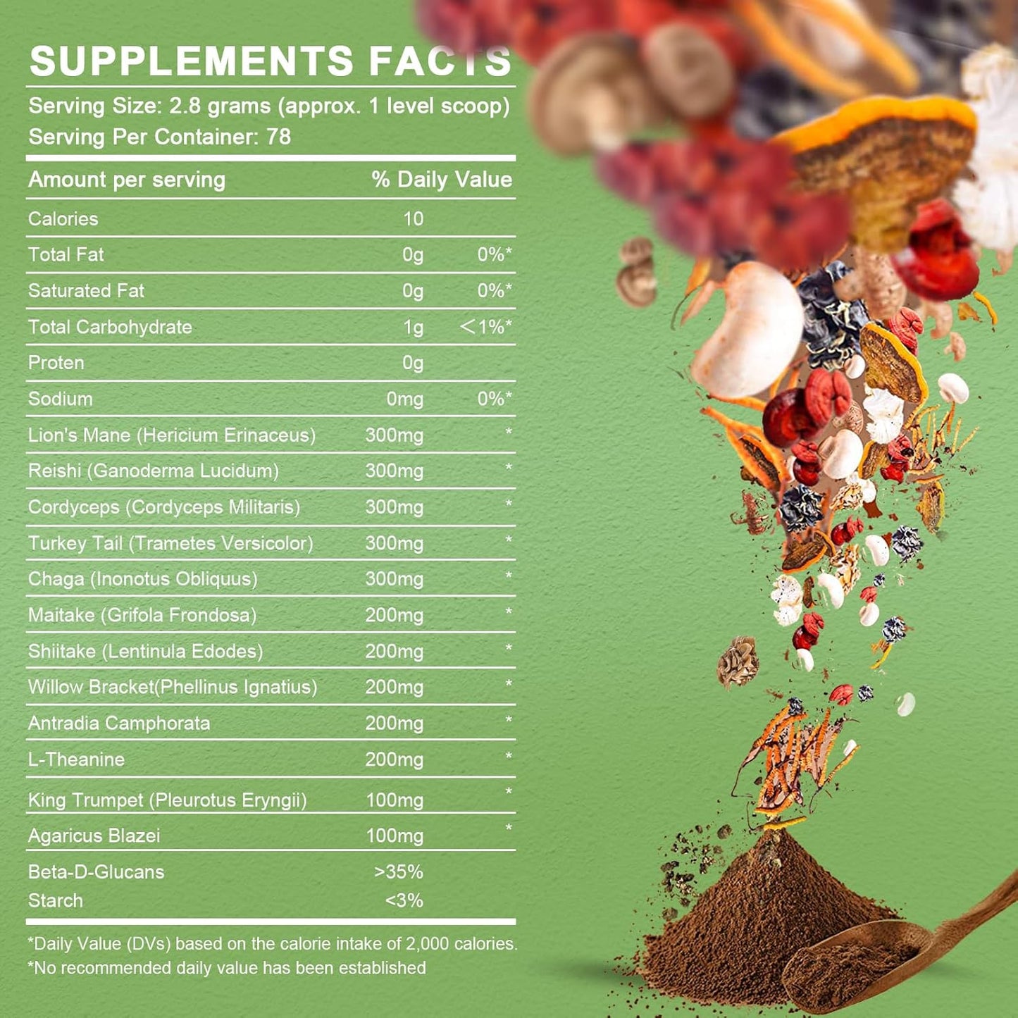 Mushroom Powder Mushroom Supplement - 10-in-1 Mushrooms Lions Mane Powder with Reishi/Cordyceps/Chaga/Turkey Tail/Maitake/Complex for Cognitive Function & Immune Support 78 Servings