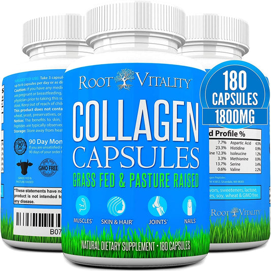 Collagen Peptides Capsules - Grass-Fed, Pasture-Raised Hydrolyzed Protein Supplement for Skin, Hair, & Nails - Non-GMO, Zero Sugar Daily Pills for Men & Women (180 Capsules)