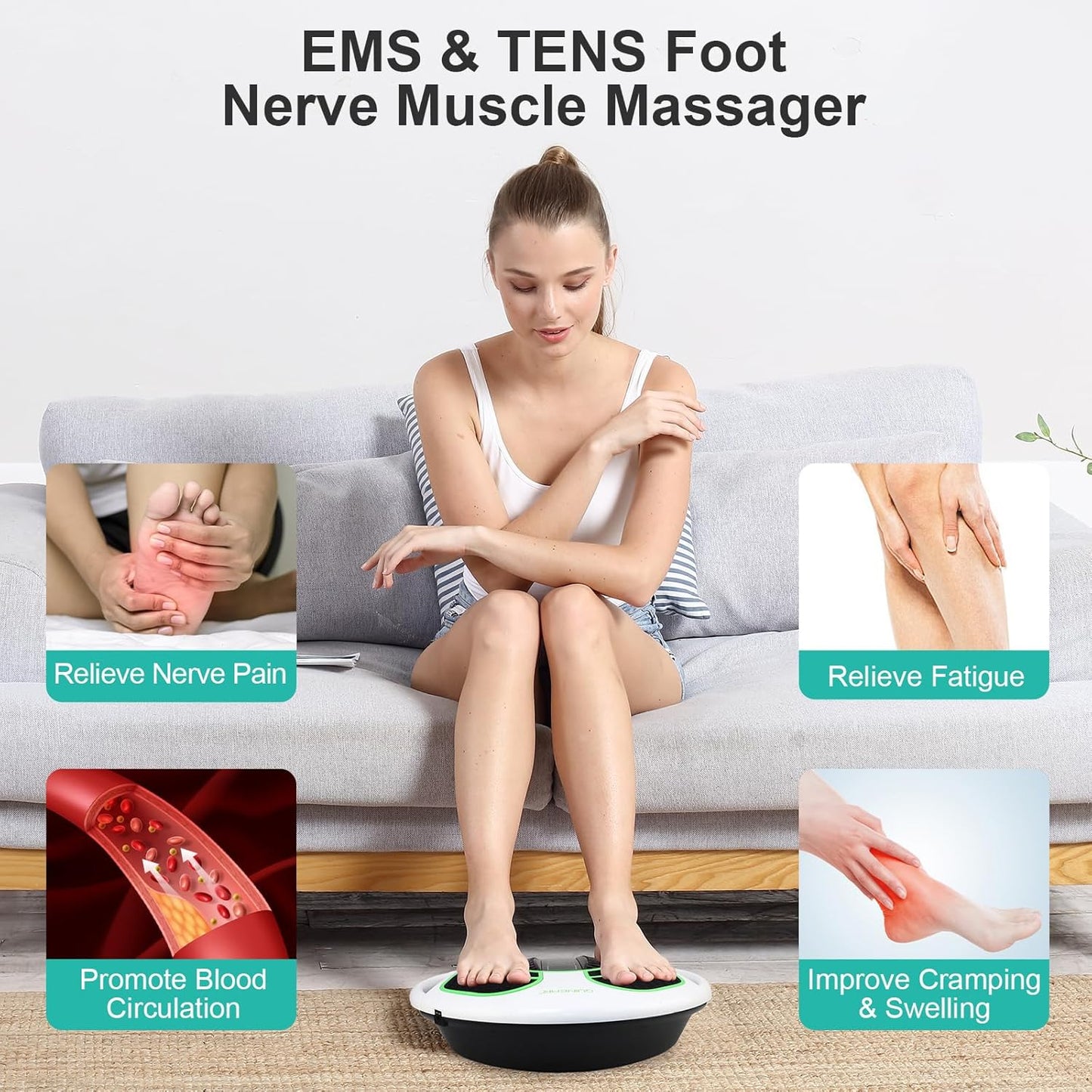QUINEAR Foot Massager with TENS & EMS for Neuropathy, Foot Stimulator for Pain Relief and Circulation, Nerve Muscle Massager with Remote Control, Relieve Swelling and RLS