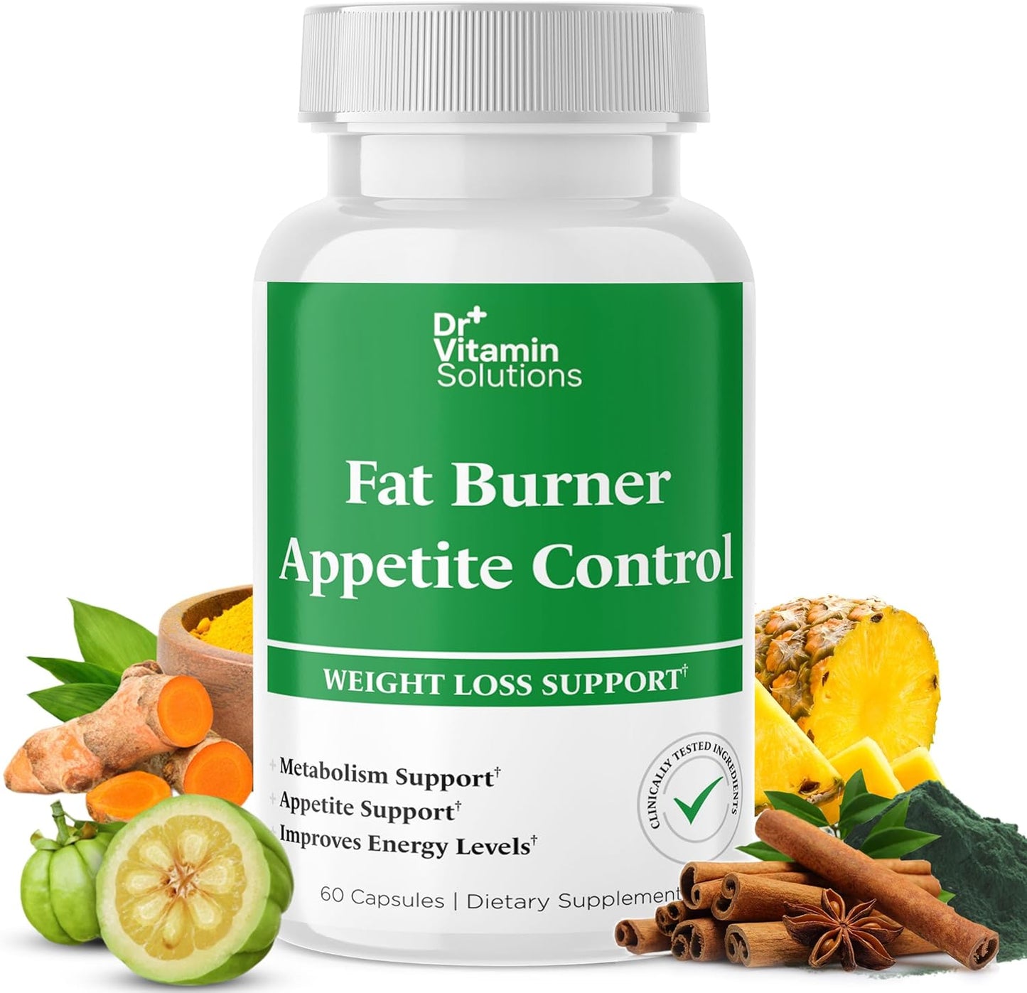 DR VITAMIN SOLUTIONS Fat Burner & Appetite Control Weight Loss Supplements for Women & Men - Metabolism Booster w/L-Carnitine, CLA, Chromium - Appetite Suppressant for Weight Loss - 60 Capsules