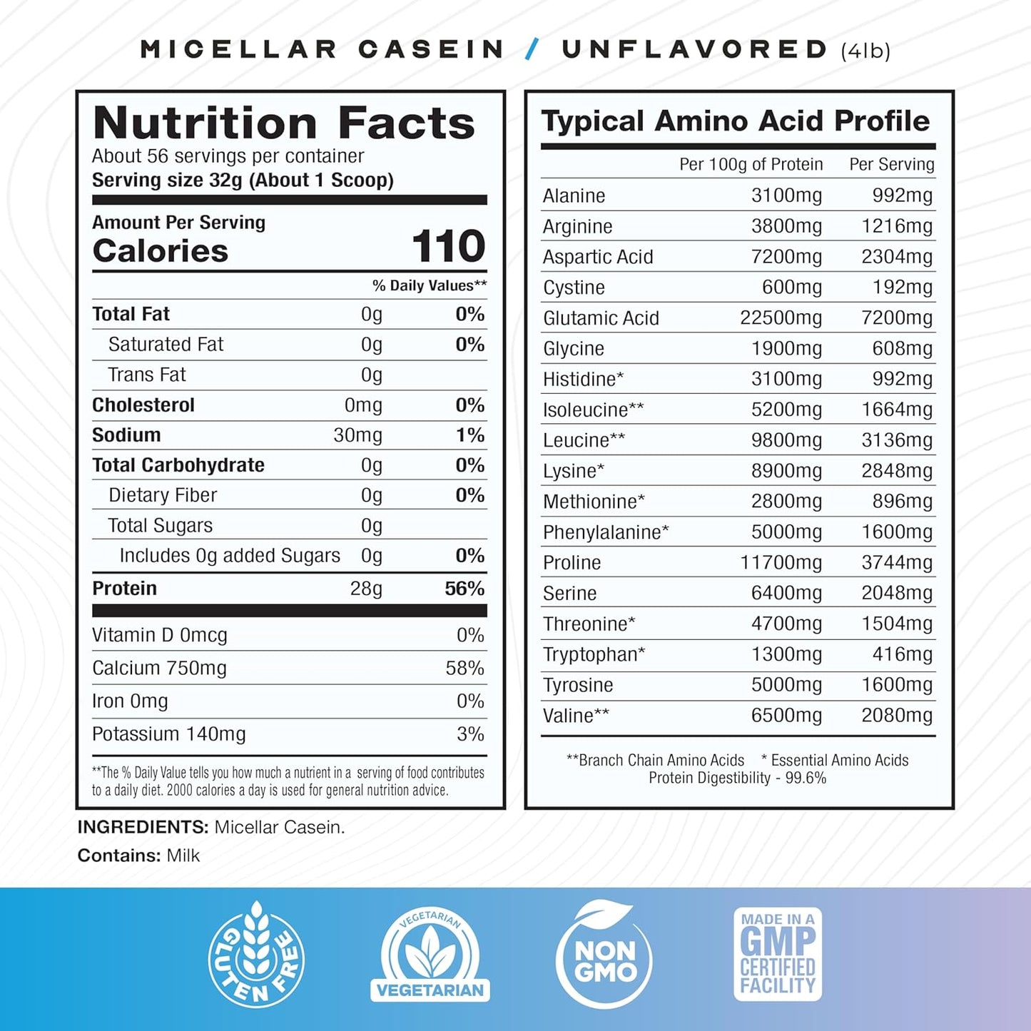 Muscle Feast Grass Fed Micellar Casein Protein Powder, Pasture Raised & Hormone Free, Slow Digesting Casein Protein - Supports Overnight Muscle Recovery, Gluten Free Protein Powder - Unflavored, 4lb