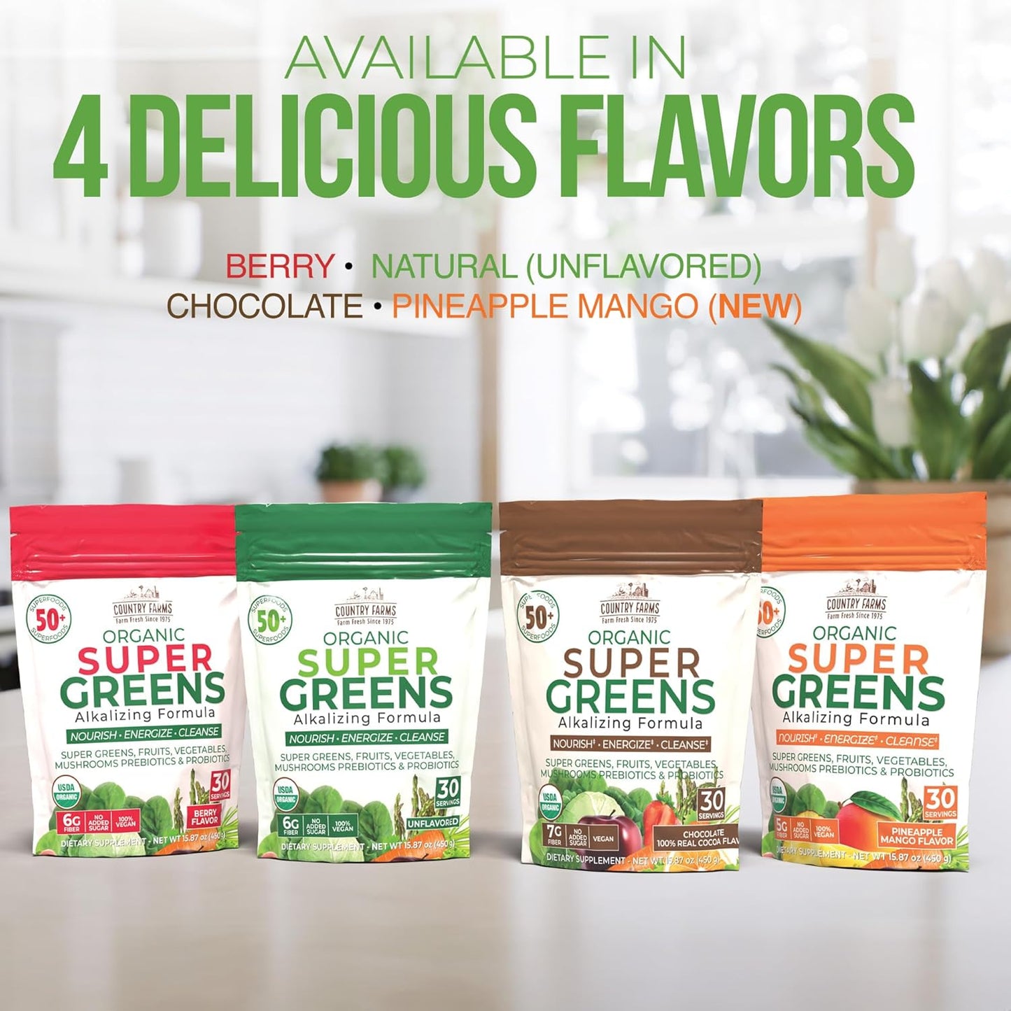 Country Farms Super Greens Berry Flavor, 50 Organic Super Foods, USDA Organic Drink Mix (Wheat Grass, Spirulina, Chlorella) Mushrooms & Probiotics, with Fiber, Gut Health, Natural Energy, 30 Servings