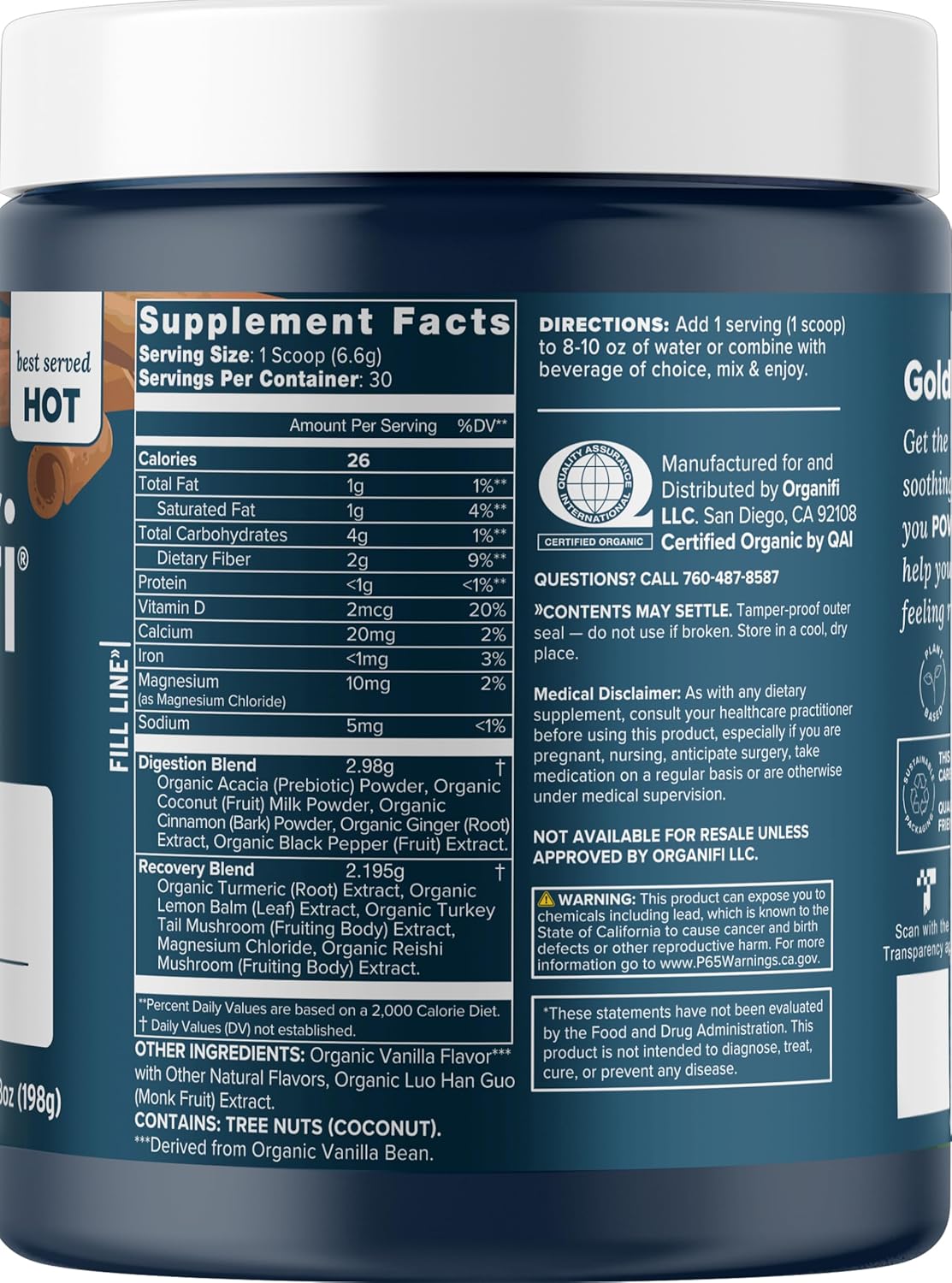 Organifi: Gold - Superfood Supplement Powder - 30 Servings - Stress Support, Better Rest, Relaxation and Promotes Restful Sleep - Turmeric and Reishi Infused