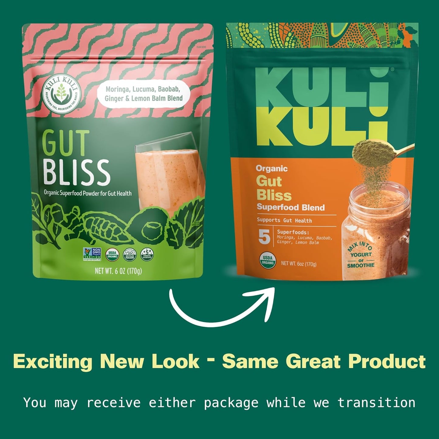Kuli Kuli Gut Bliss Superfood Powder [6 oz] - Powerful Blend of Organic Moringa, Baobab, Lucuma, Ginger and Lemon Balm - Promote Digestion, Soothe the Stomach and Boost Gut Health