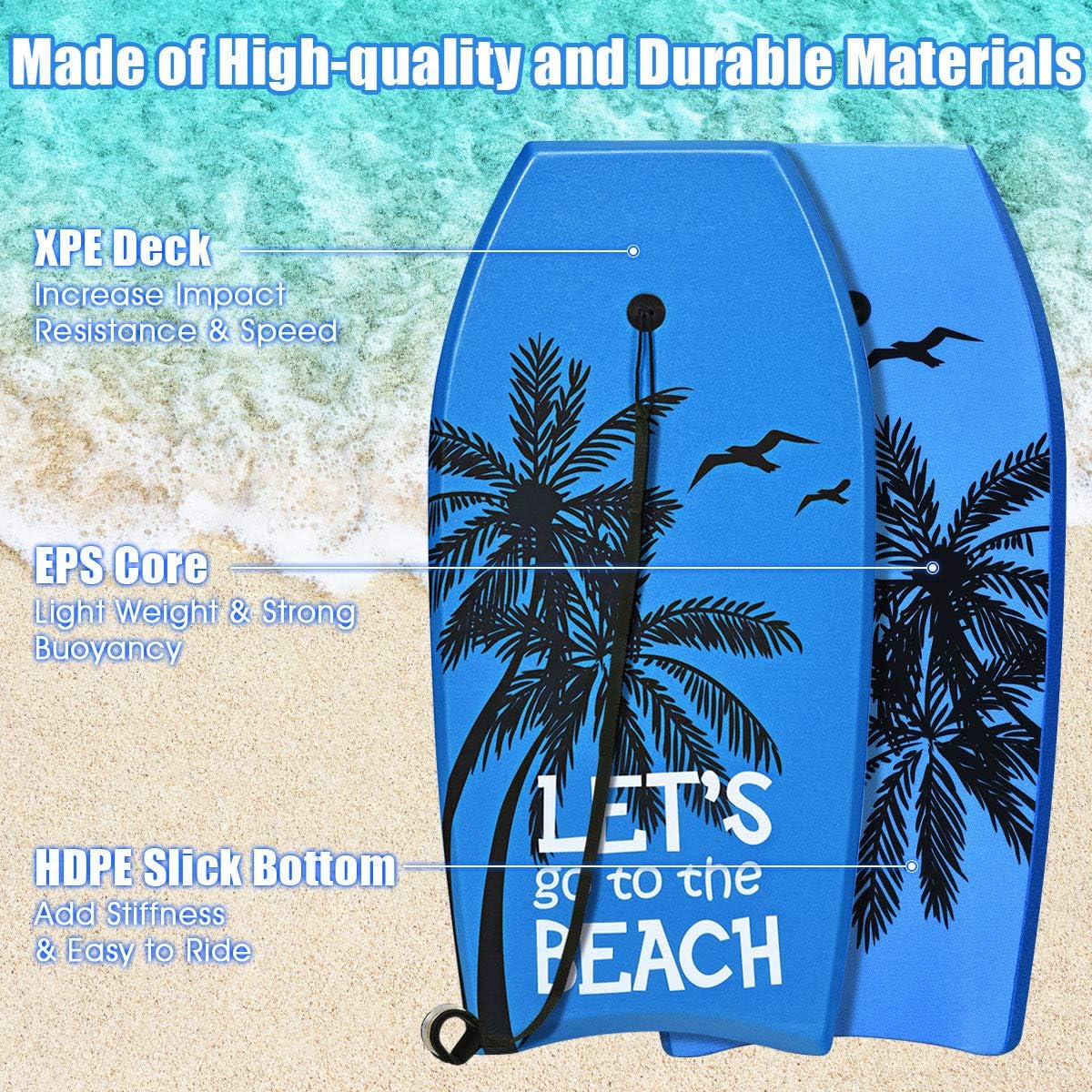 Goplus 41''/37''/33'' Lightweight Body Board for Beach, Surf Board with EPS Core, XPE Deck, HDPE Slick Bottom, Wrist Leash, Bodyboard for Kids Adults Surfing