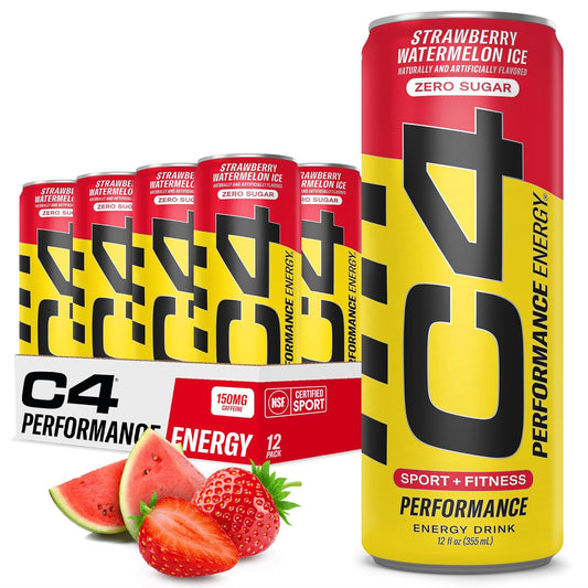 C4 Energy Drink 12oz (Pack of 12) - Strawberry Watermelon Ice - Sugar Free Pre Workout Performance Drink with No Artificial Colors or Dyes