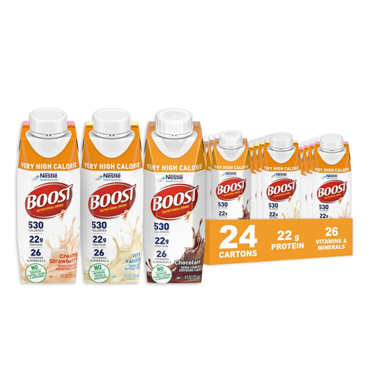 BOOST Very High Calorie Nutritional Drink – Helps Weight Gain & Maintenance -530 Calories -26 Vitamins & Minerals - 22 g Protein - Variety Pack - Vanilla, Chocolate & Strawberry - 8 fl oz (Pack of 24)