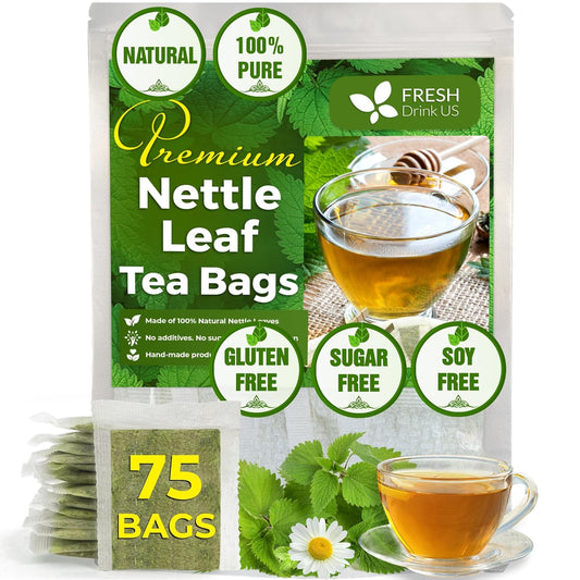 FreshDrinkUS, Premium 75 Nettle Leaf Tea Bags, 100% Natural & Pure from Nettle Leaves. Loose Leaf Nettle Herbal Tea. Nettle Leaf Tea. No Sugar, No Caffeine, No Gluten, Vegan.