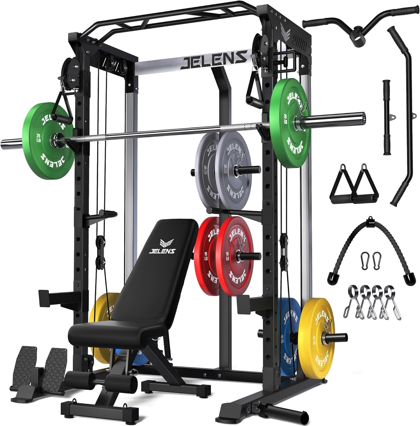 Power Cage, 2000LBS Multi-Function C21 Power Rack with Dual Pulley Cable Crossover System, All-in-One Squat Rack with More Training Attachments