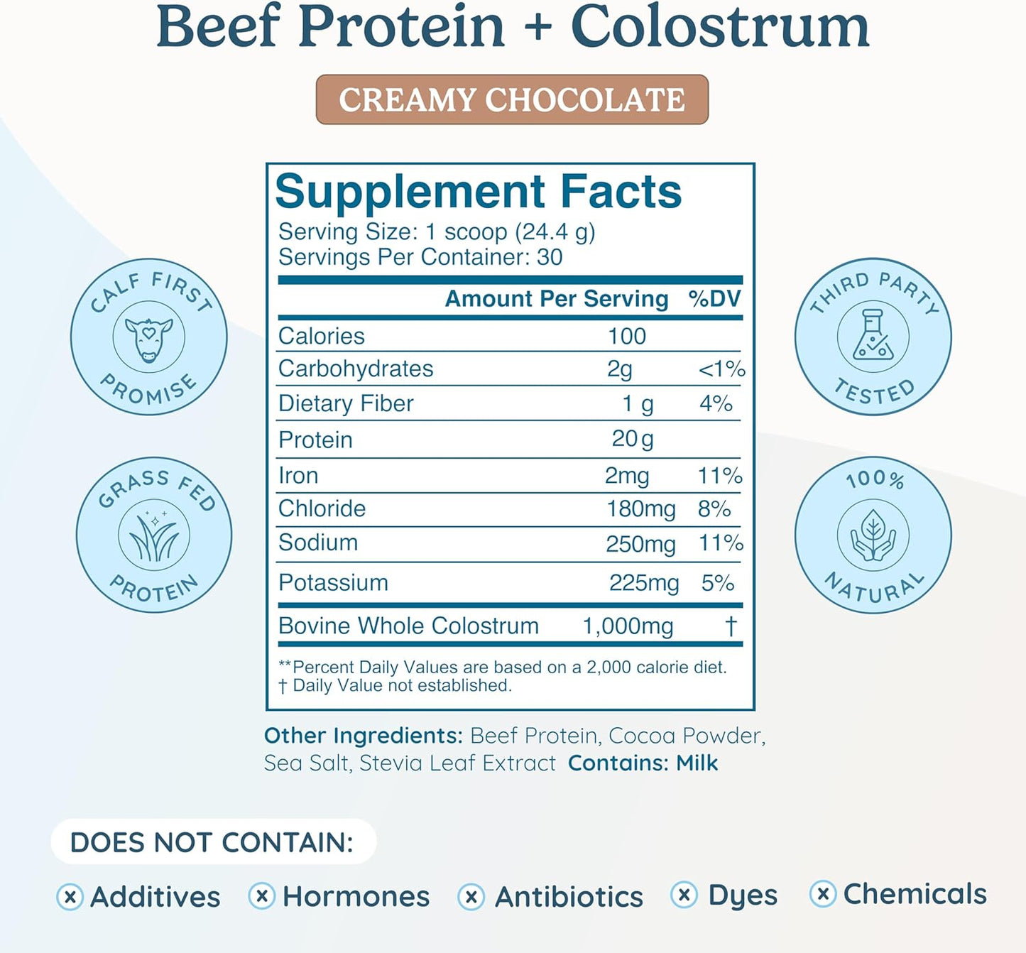 Beef Protein Isolate Powder w/Bovine Colostrum Supplement | Clean, 100% Grass Fed, Carnivore, Keto Friendly | Gluten Free | Helps Build Lean Muscle | 20g of Protein, 30 Servings, Chocolate