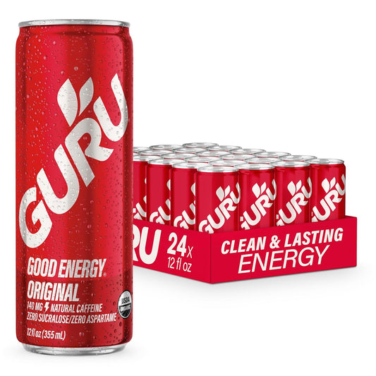GURU Original Organic Energy Drinks, Clean Energy Drink with Plant Based Natural Caffeine from Green Tea, Gluten Free and Vegan, 140MG Caffeine, Healthy Drinks, 12oz (Pack of 24)